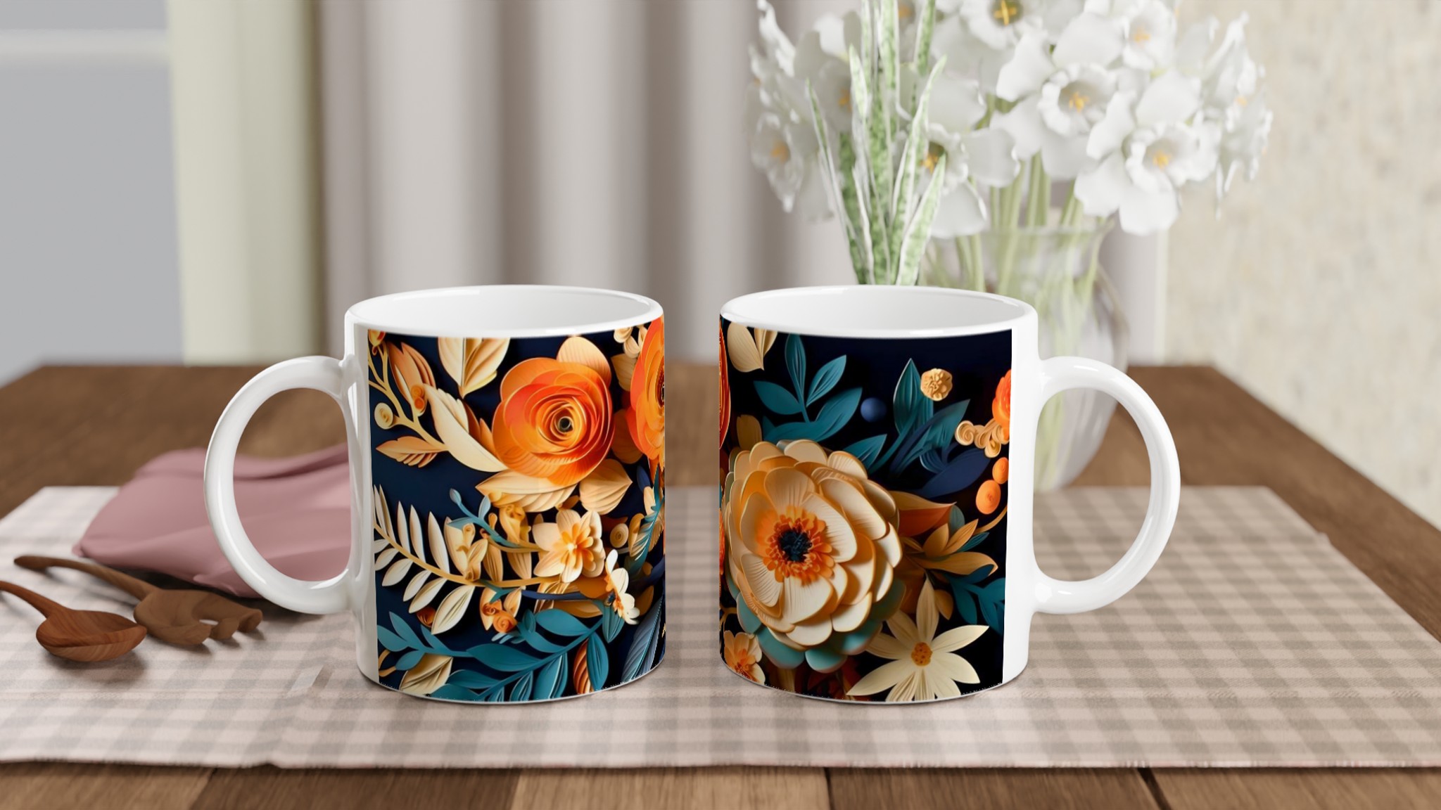 Vit 11oz keramisk mugg med utsökta blommotiv i mjuka hösttoner 10 ab0b3c0d-135f-4999-802e-f2b0c777a1d7