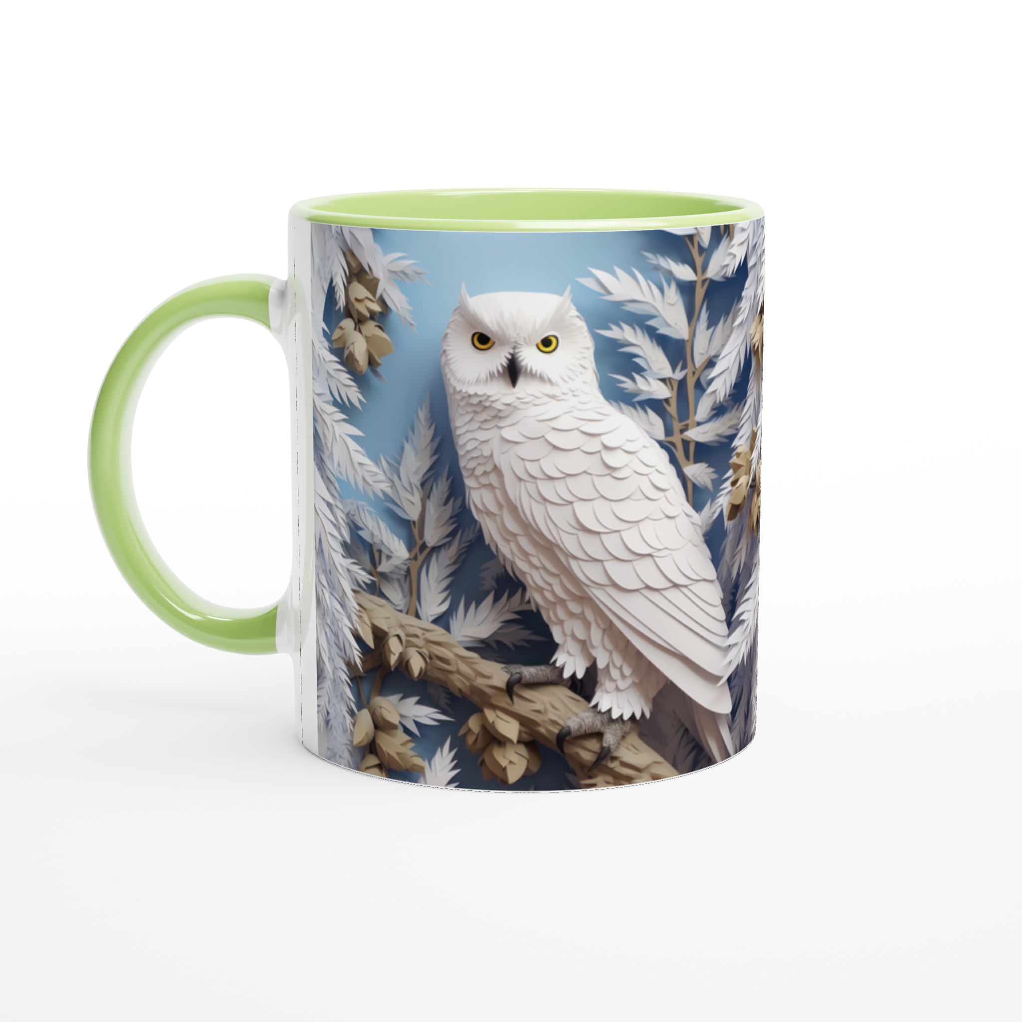 Vit 11oz keramisk mugg med elegant snövitt ugglemotiv – välj bland sju färgstarka keramfärger 7 ab32f87e-1a04-466d-adcf-288bc8559dfe