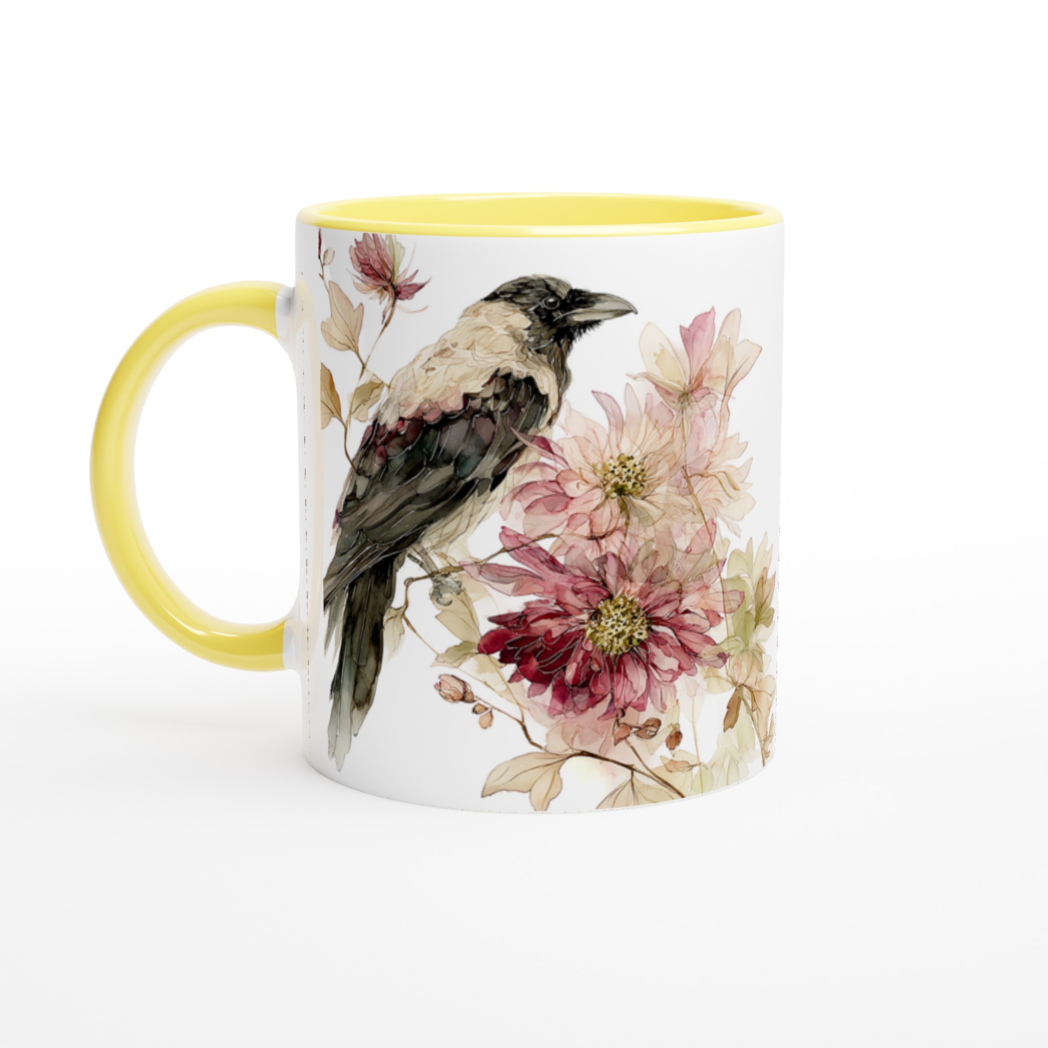 Elegant Vit keramisk mugg med poetisk fågel- och blomdesign i mjuka pasteller 3 abcd463d-0d4f-4d48-b870-ee66d6734c0f