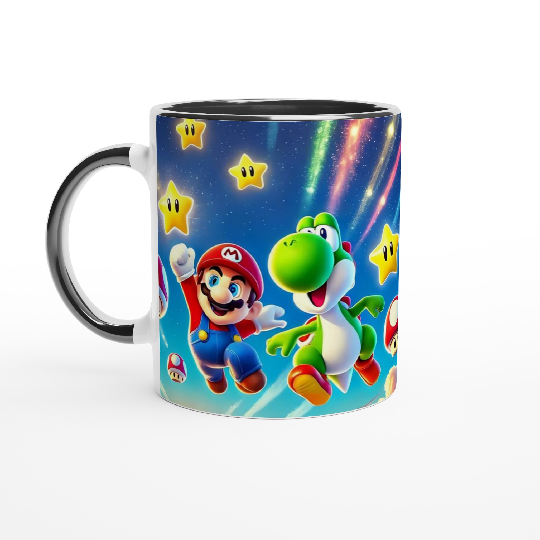 Vit 11oz keramisk mugg med färgstarka spelkaraktärer och magiska stjärnor – välj din keramiska färg 4 ac965cae-ba9b-4160-8053-16cd7da2174f