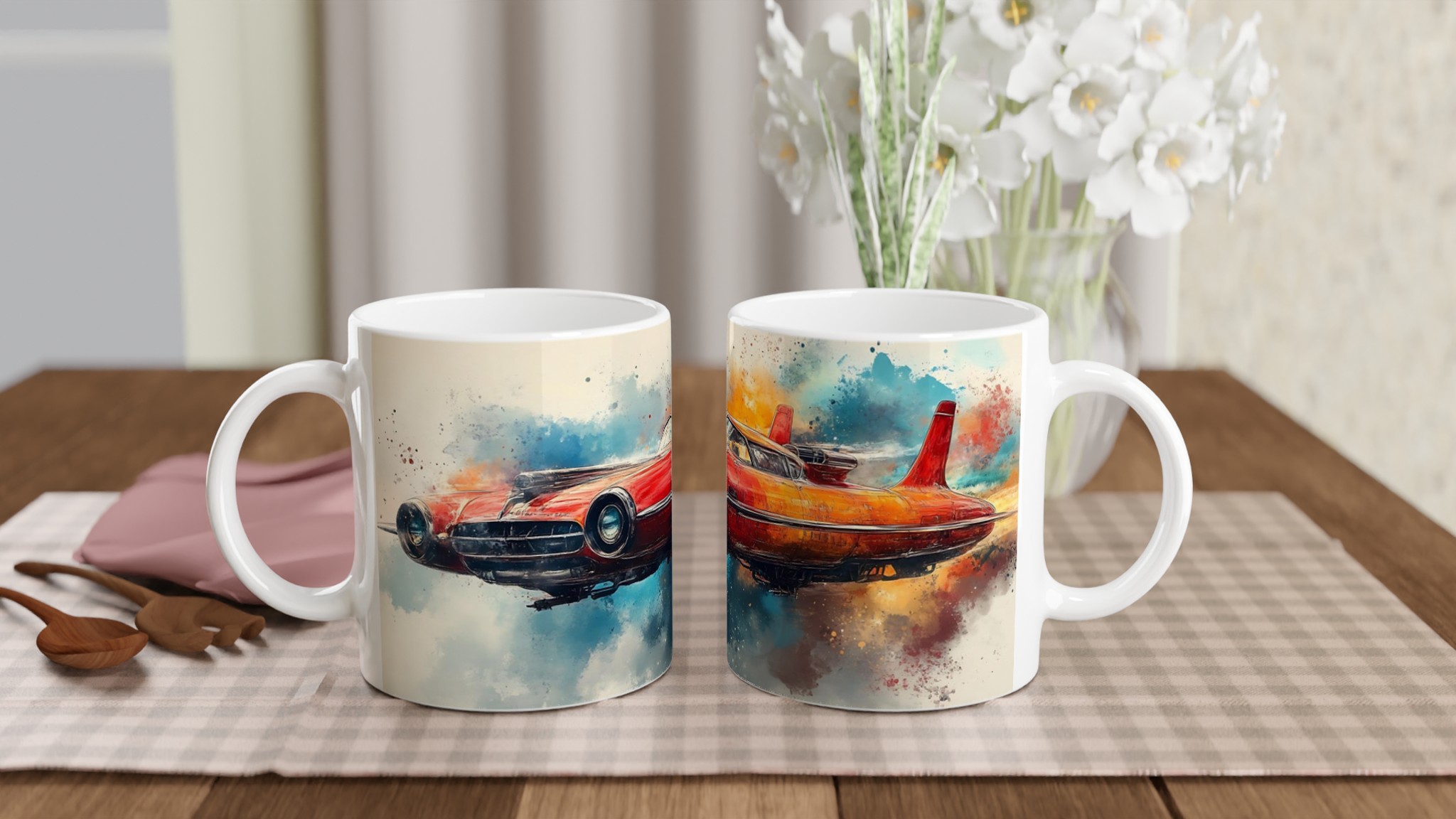 Retro Futurism Flygande Bil Mugg – Fantasifull Akvarellkonst i 7 Färgstarka Nyanser 10 ad02dda4-dcfc-45dc-9ef1-42daf322968c