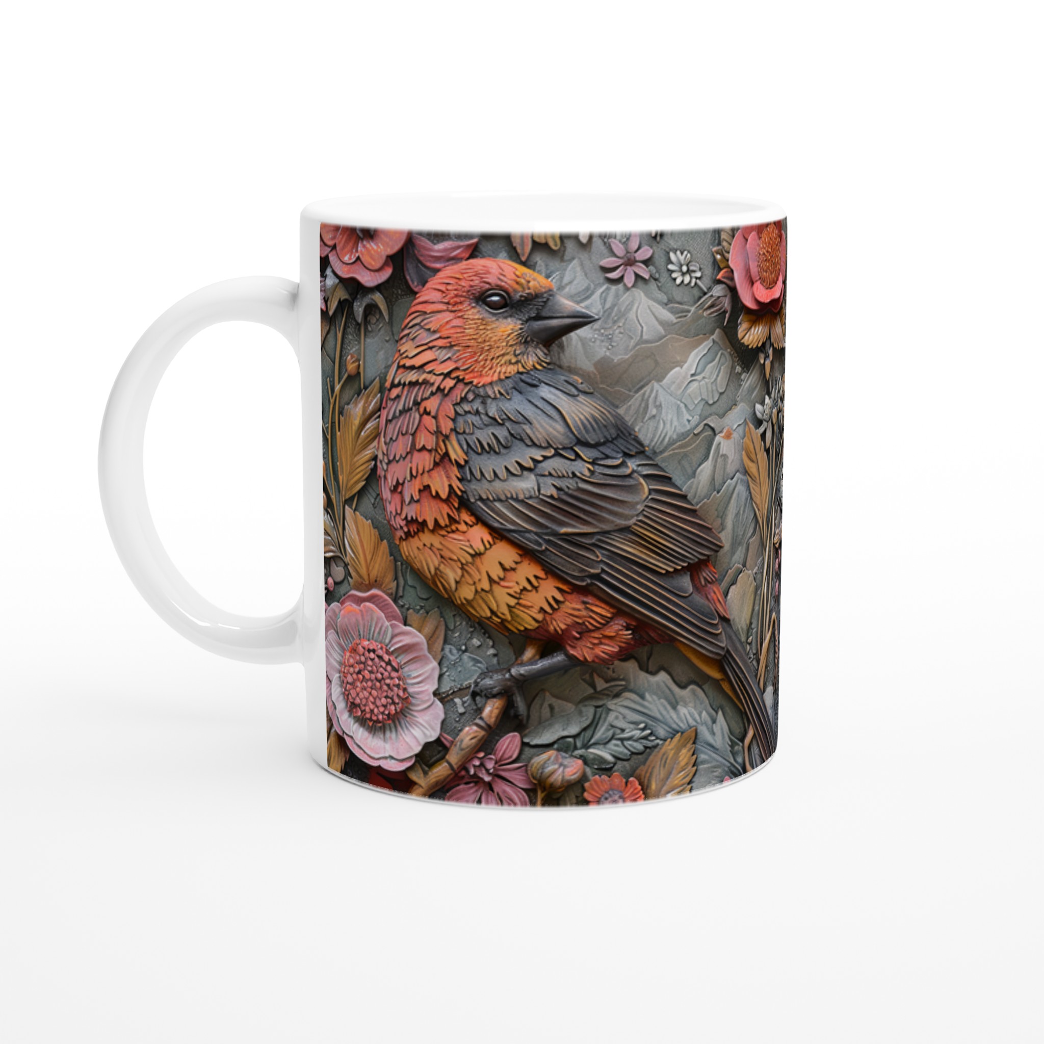 Vit 11oz keramisk mugg med elegant fågel- och blommotiv – välj bland sju charmiga färger 1 ad16d264-d94e-4a6d-9993-7ea1a00c470c