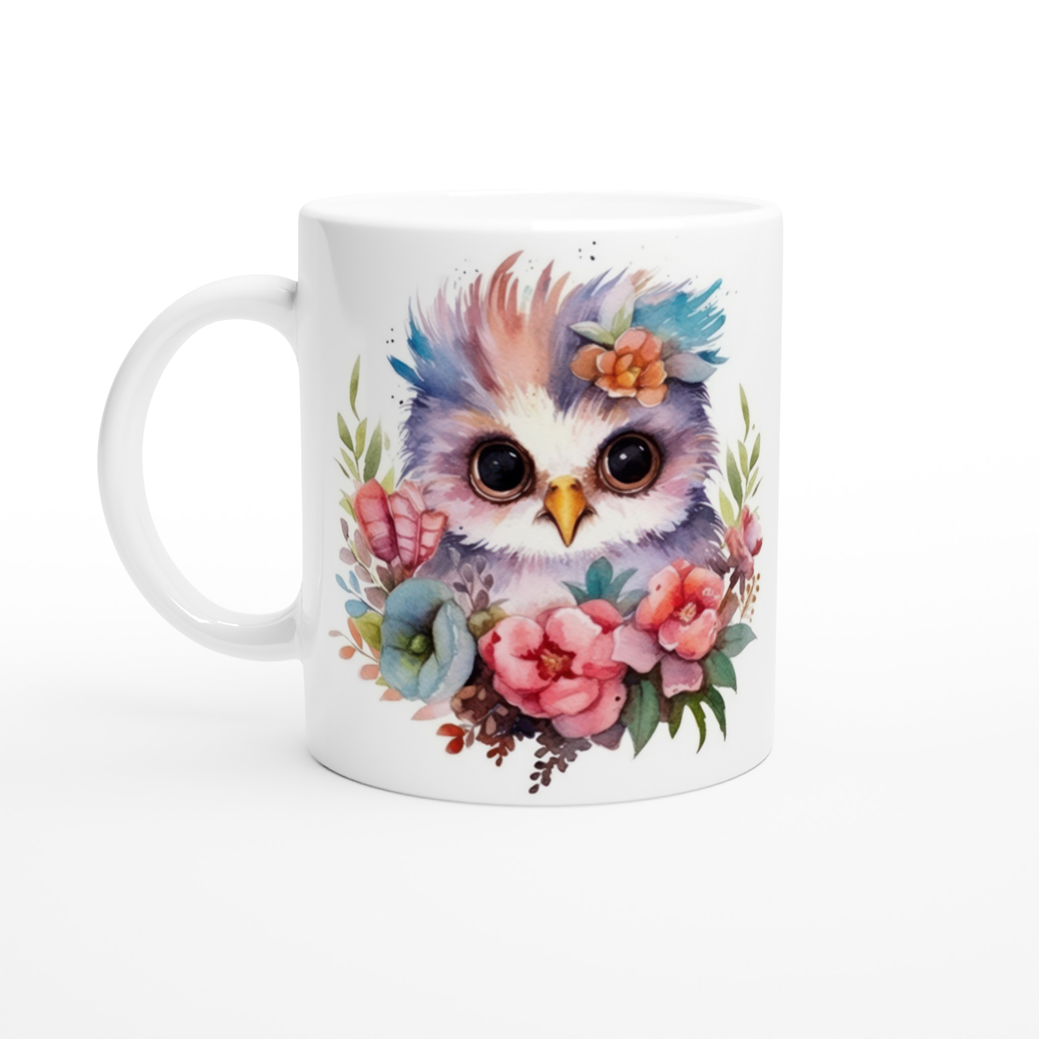 Vit 11oz keramisk mugg med bedårande ugglemotiv i mjuka pastellfärger – välj bland sju unika keramfärger 1 ad6ea904-9d9b-453b-8c54-d72103d6eee8