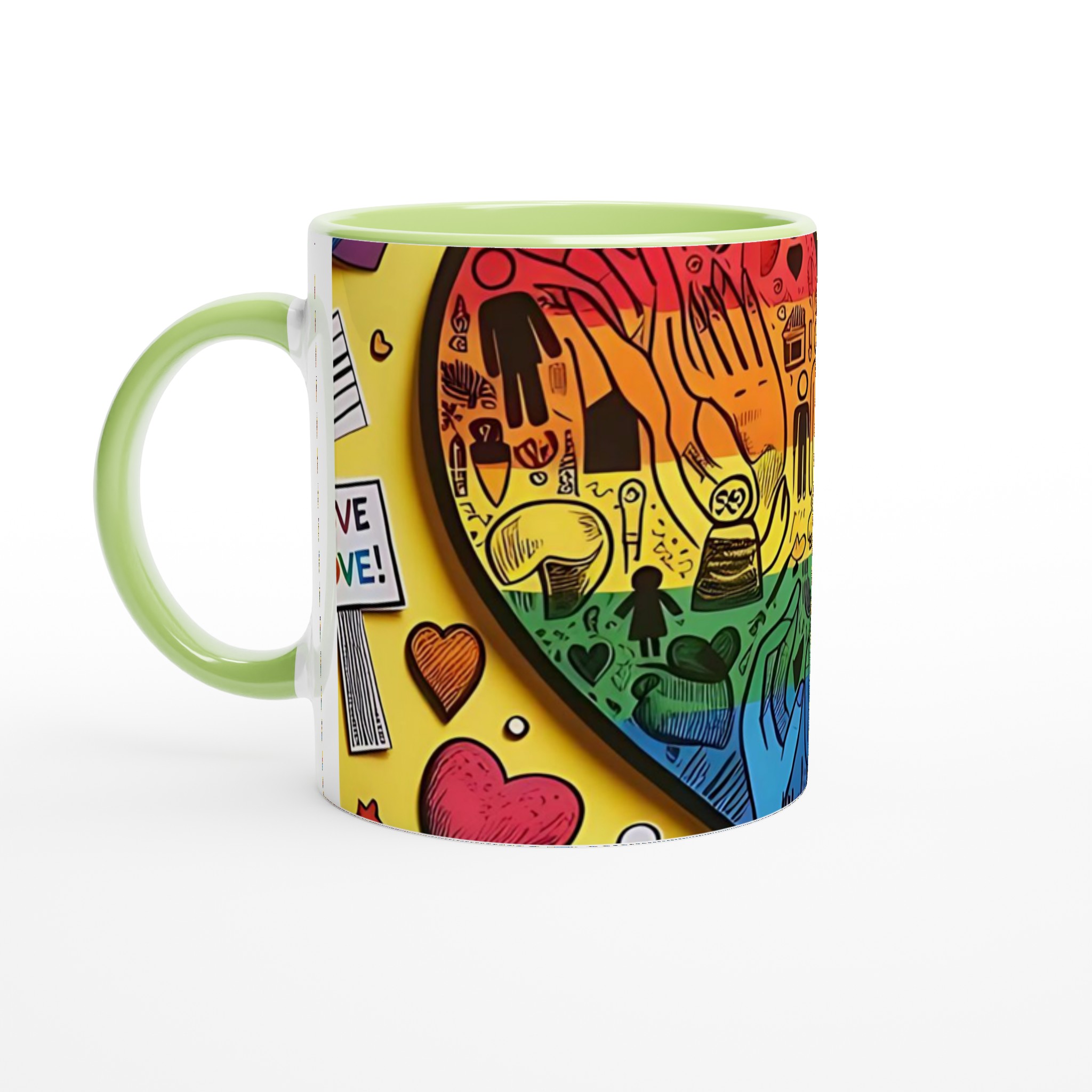 Vit 11oz keramisk mugg med färgglad PRIDE-hjärtdesign – välj bland sju livfulla keramiska färger 7 ad78ce07-cbe4-4e7a-804a-1ade723d2c63