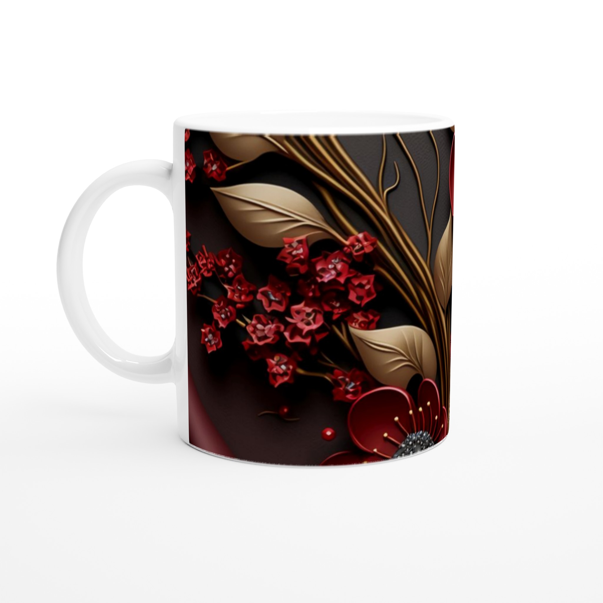 Vit 11oz keramisk mugg med elegant röd och guld blommönster – välj bland sju stilfulla färger 1 ad7b34da-9fb7-49f4-bed2-60dfbc39cfe5
