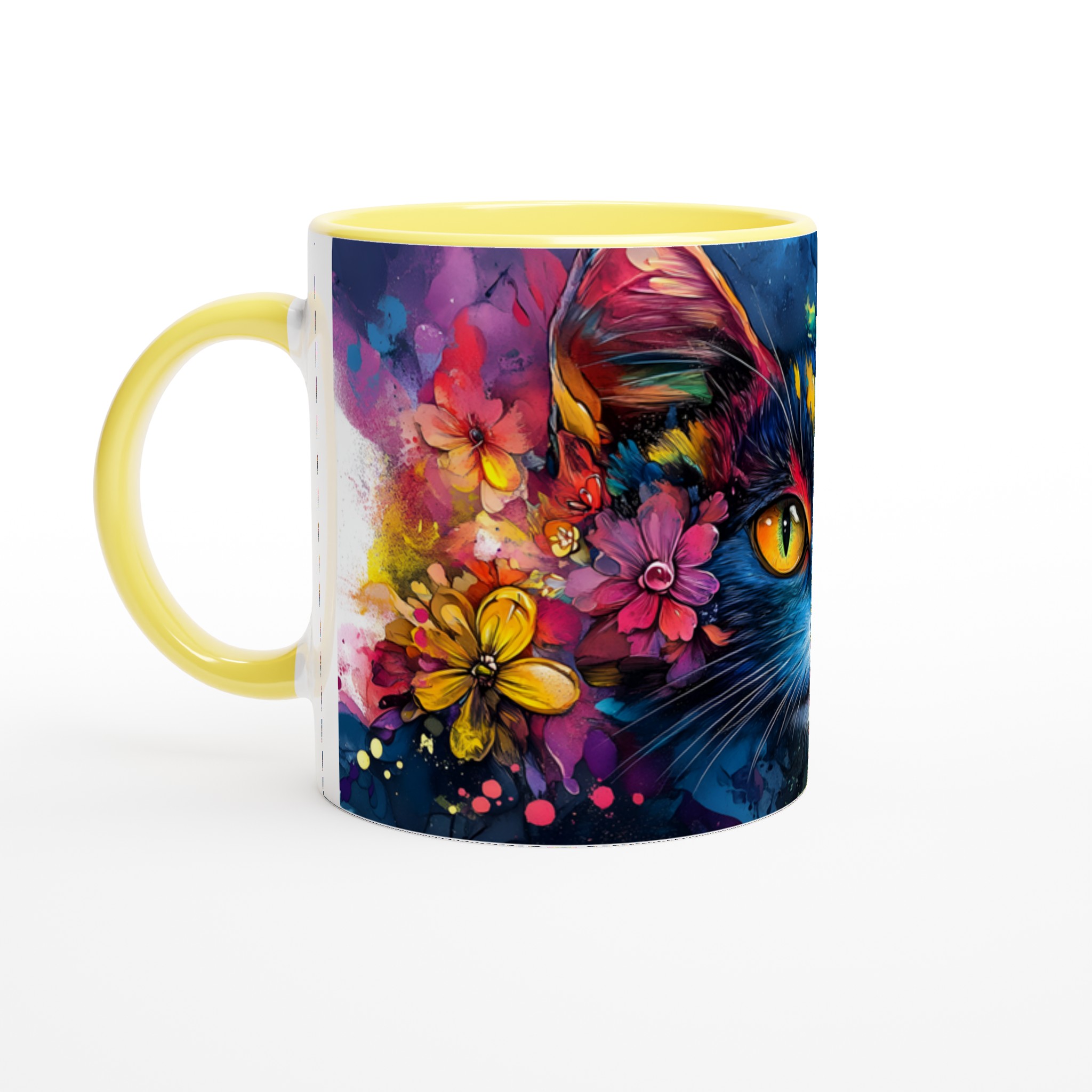 Vit 11oz keramisk mugg med färgstark konstnärlig katt, välj bland sju livfulla keramiska färger 3 ae75def1-1215-4f93-be9d-390a9323cf82