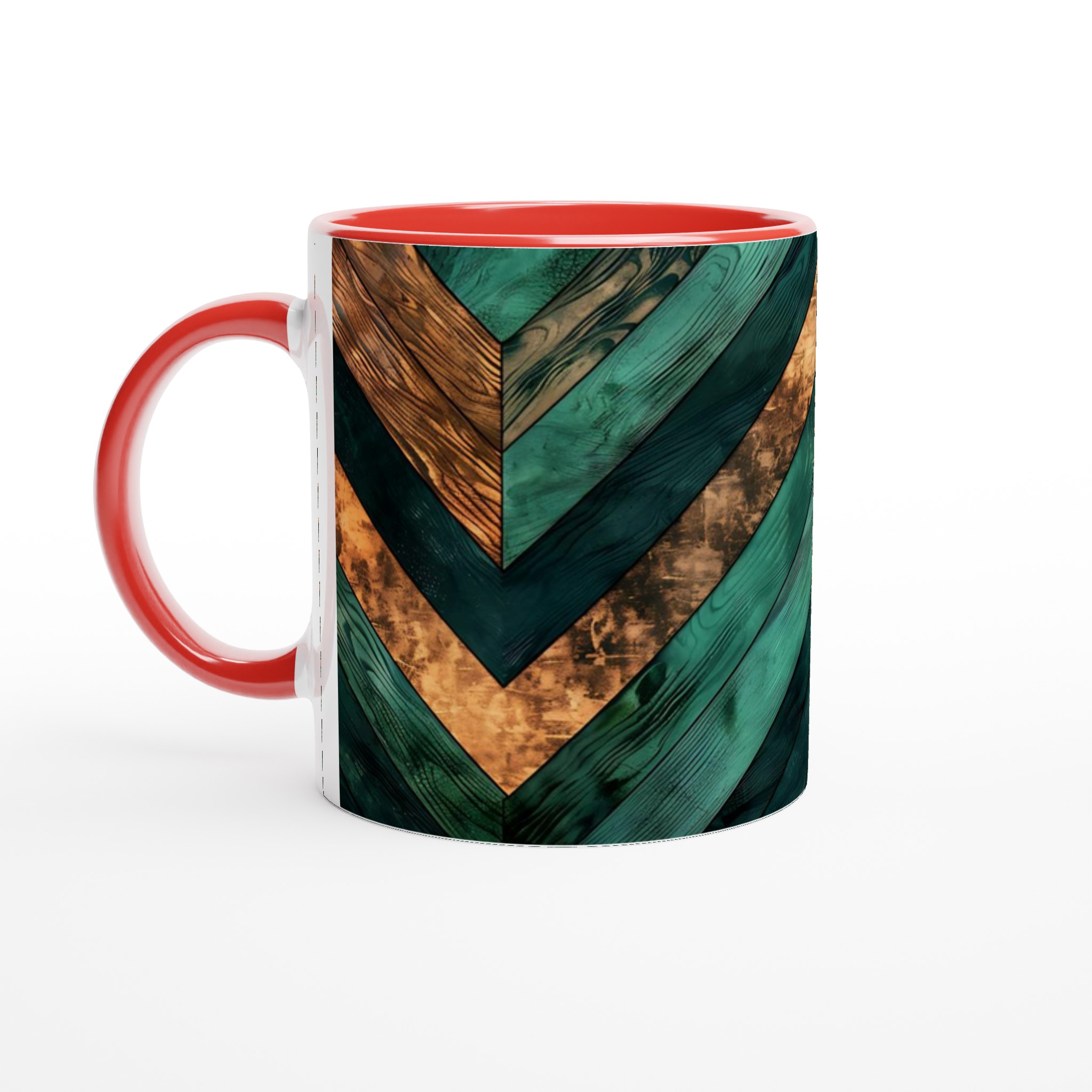 Vit 11oz keramisk mugg med geometriskt mönster i djupt grönt och koppartoner 5 af969a94-85ec-4009-8b64-dac52dffd6f2