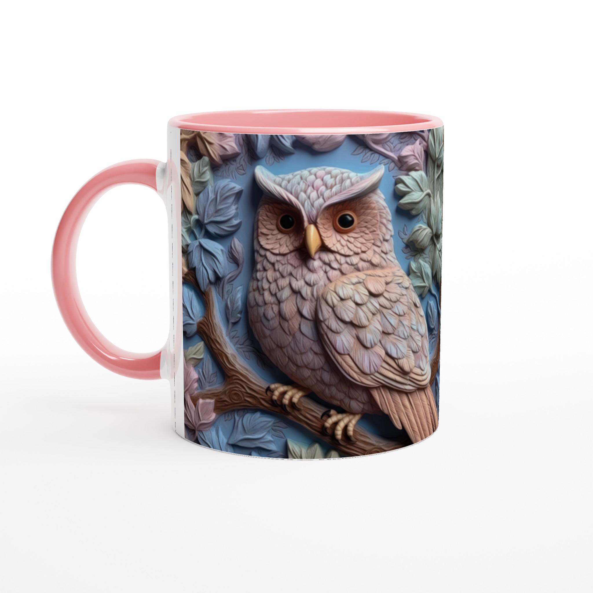 Vit 11oz keramisk mugg med detaljerad uggleskulptur i mjuka jordtoner – välj bland sju färgstarka keramiknyanser 6 b0ec5459-5c82-4cd2-8e85-cb0e1b04be17
