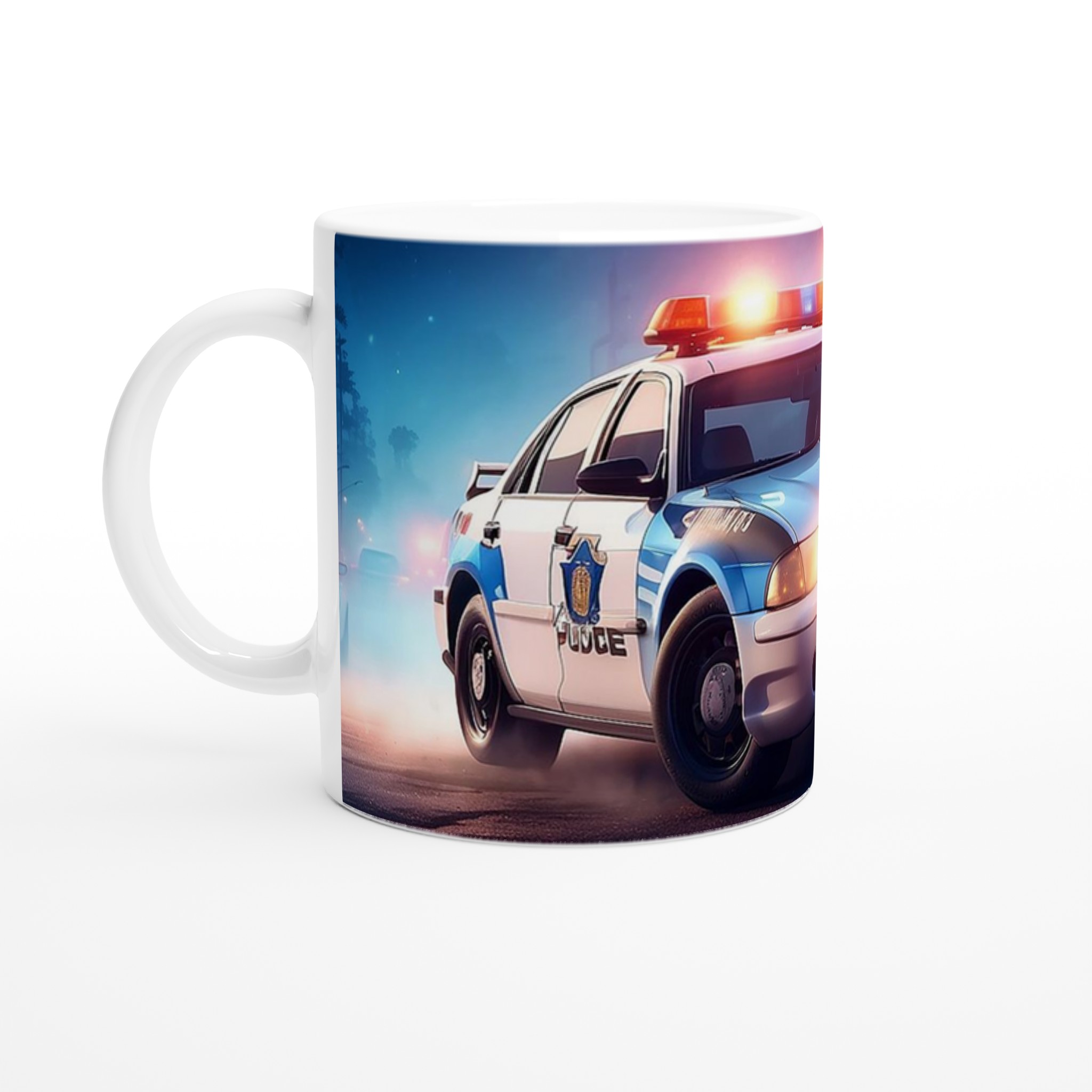 Vit 11oz keramisk mugg med dramatisk polisbil-design i sju färgstarka keramiska nyanser 1 b128b12e-e958-4f26-a1d4-b74aa06a6609