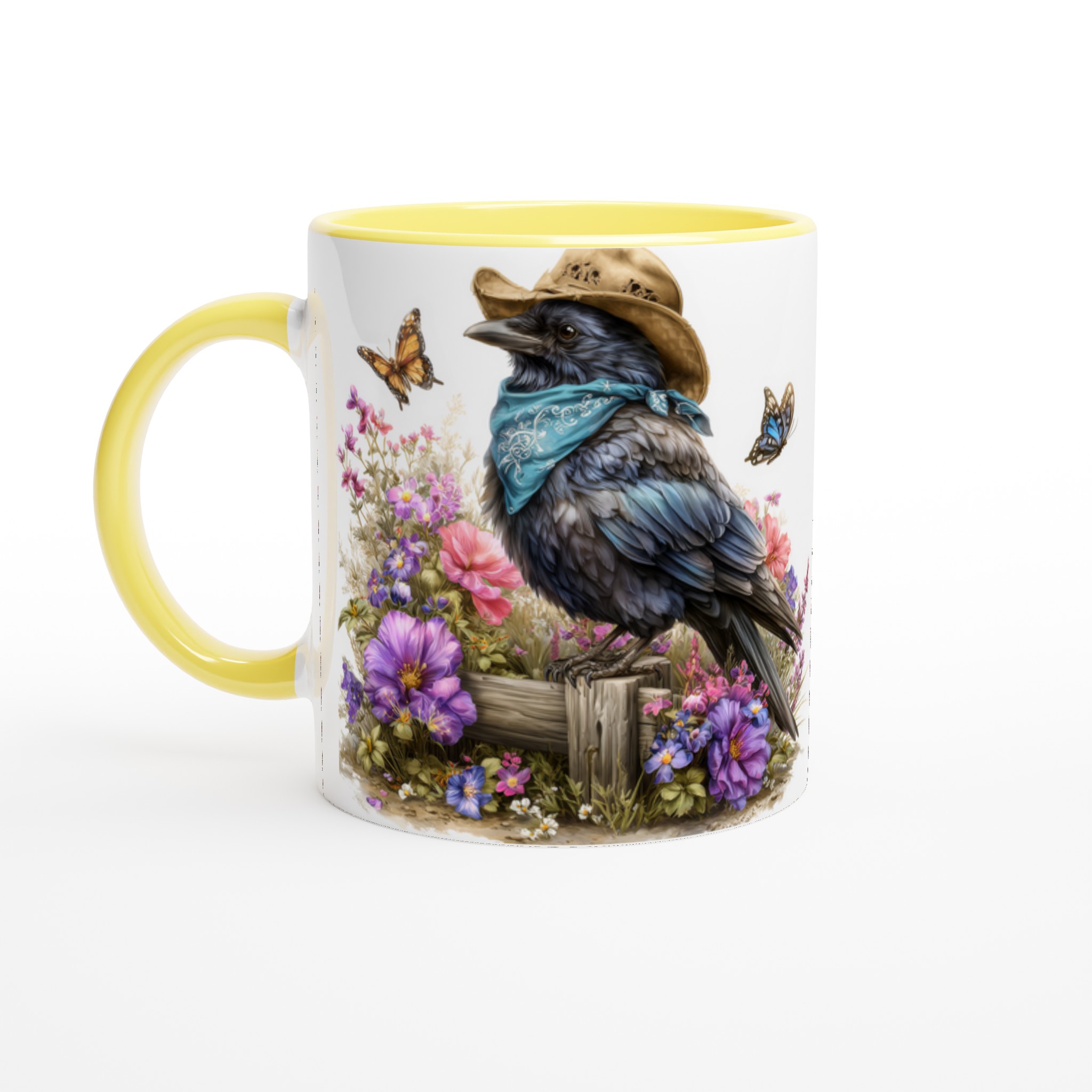 Vit 11oz keramisk mugg med charmig korp i hatt och blomsterprakt – välj din favoritfärg 3 b128bb1c-e4fa-4e0e-8225-fe8cb035fa5f
