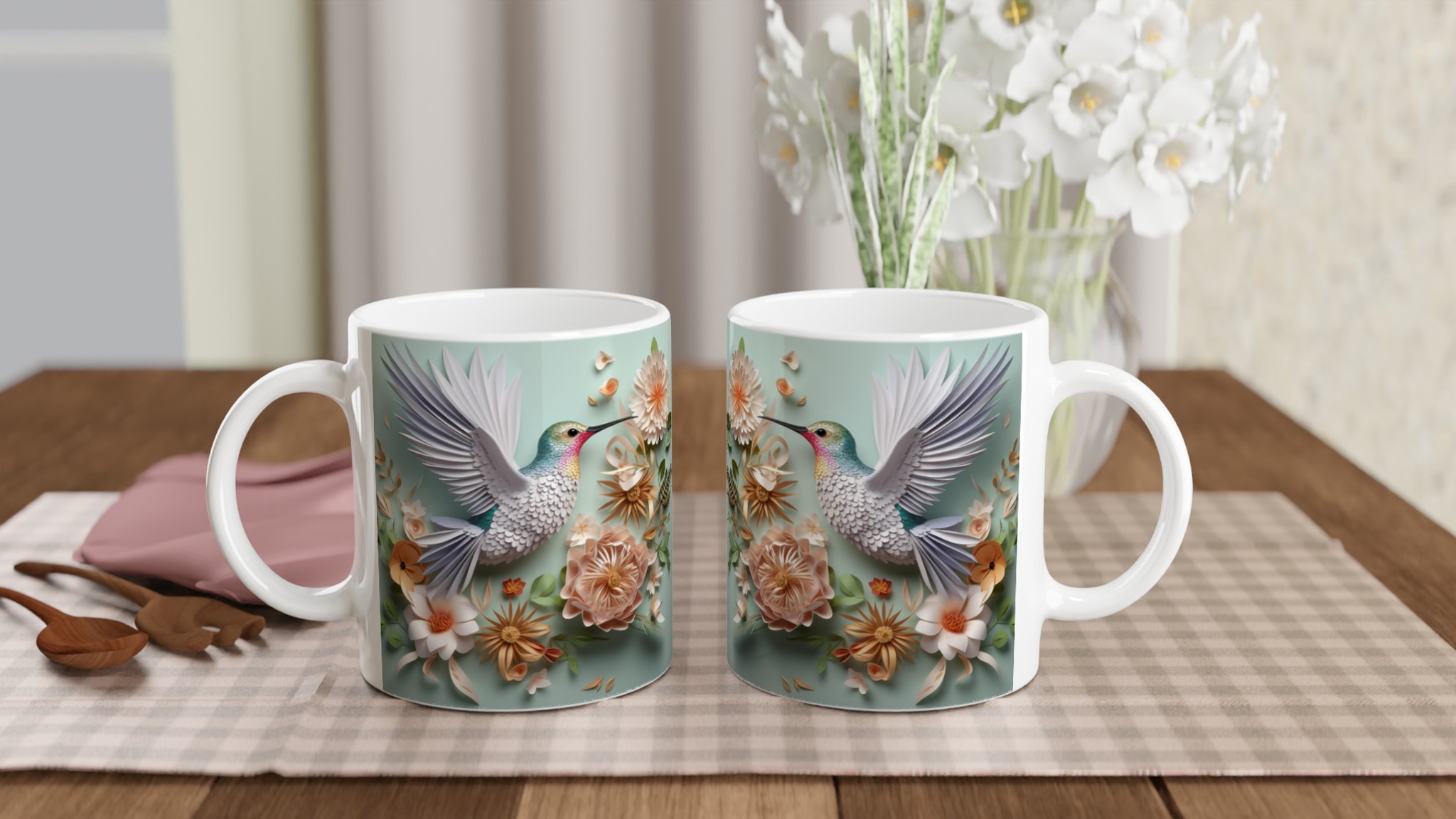 Vit 11oz keramisk mugg med elegant kolibri- och blomstertryck i mjuka pastelltoner 10 b12f14df-c25b-454c-b304-2ce7448aab6b