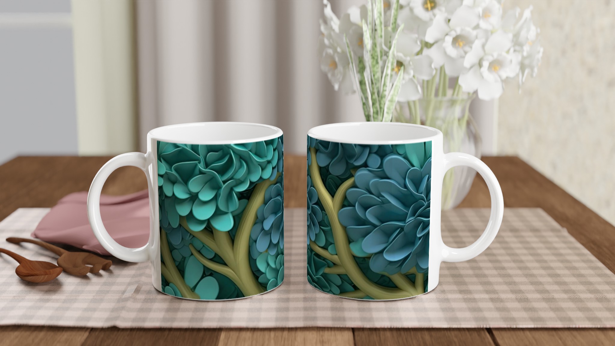 Vit 11oz keramikmugg med drömskt blågrönt blommönster – välj din favoritfärg 10 b1387b89-accc-4c32-8c11-a5fd005cf0e5
