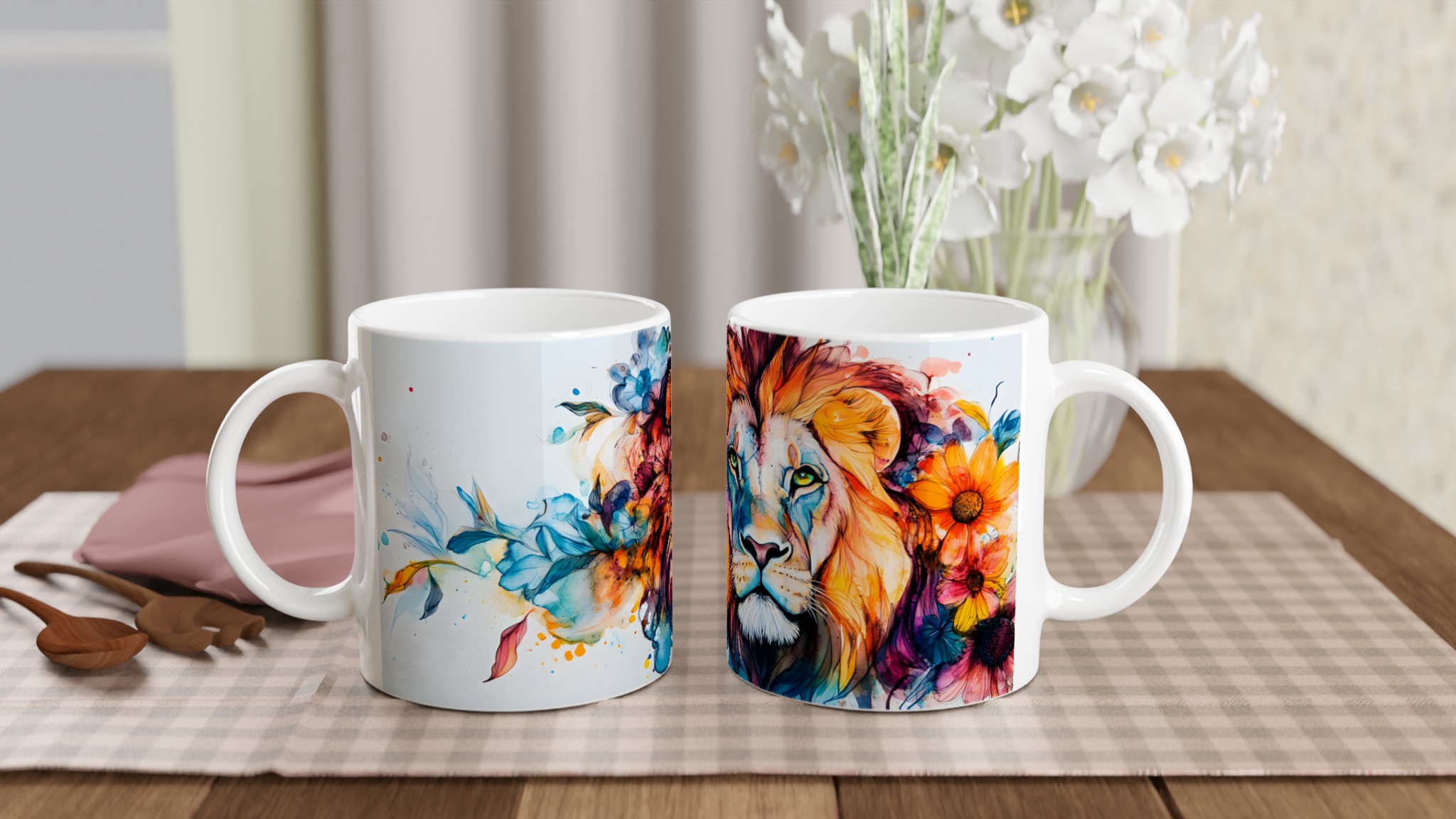 Lejon med Blommor Keramikmugg - Akvarellinspirerad Konst för Kaffeälskare, 11oz i ditt val av 7 färger 10 b1415b25-0a3e-422f-a28c-1eb8345aa255