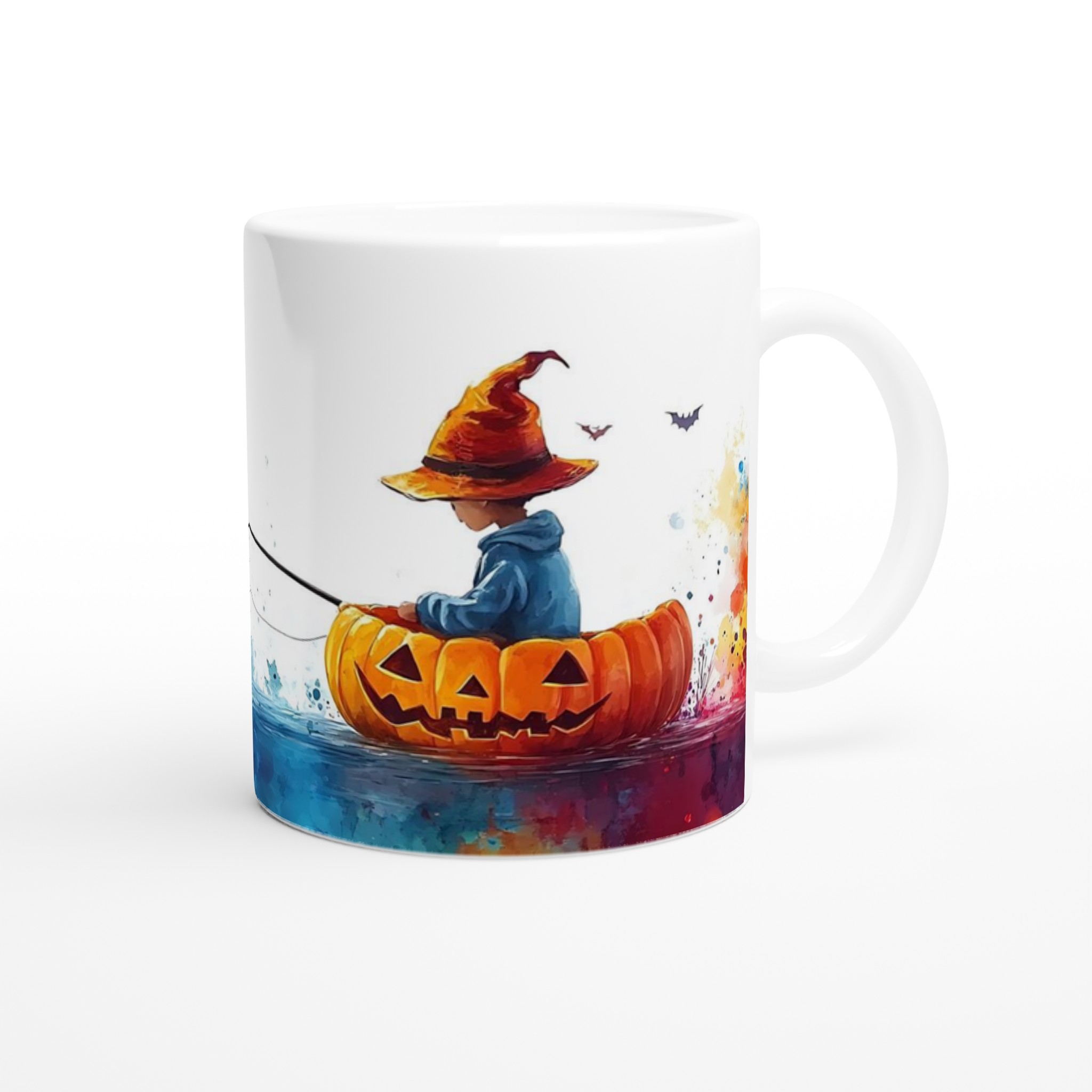 Magisk Halloween Mugg: Barn i Pumpabåt med Trollkarlshatt - Konstnärligt Akvarelldesign för Spöklika Stunder 9 b1ed6f00-375e-4dea-a282-08c9eeace2a4