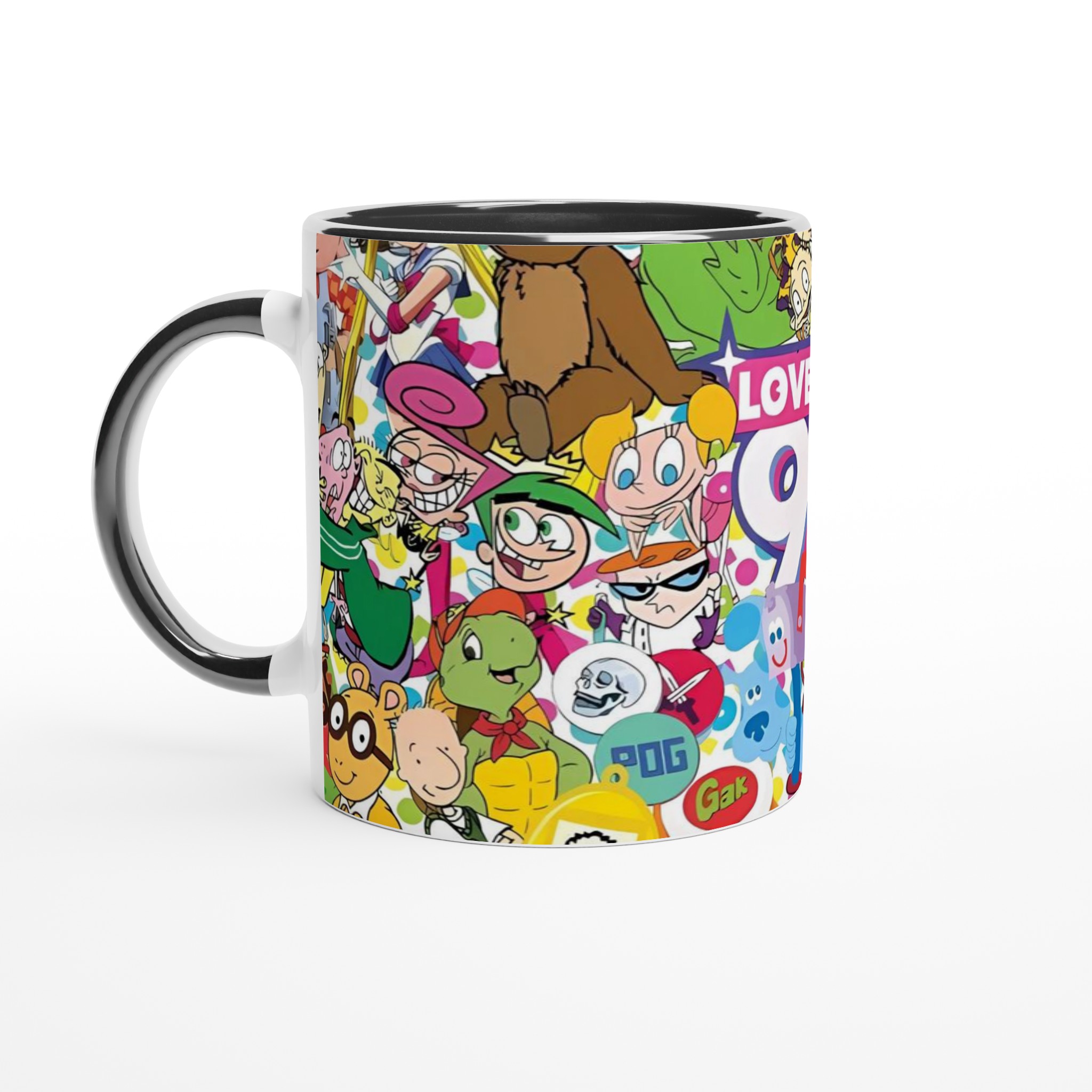 Vit 11oz keramisk mugg med livfulla 90-talsnostalgiska karaktärer i ditt val av färger 4 b2af4f06-6255-4112-bf31-7b432b7b08db
