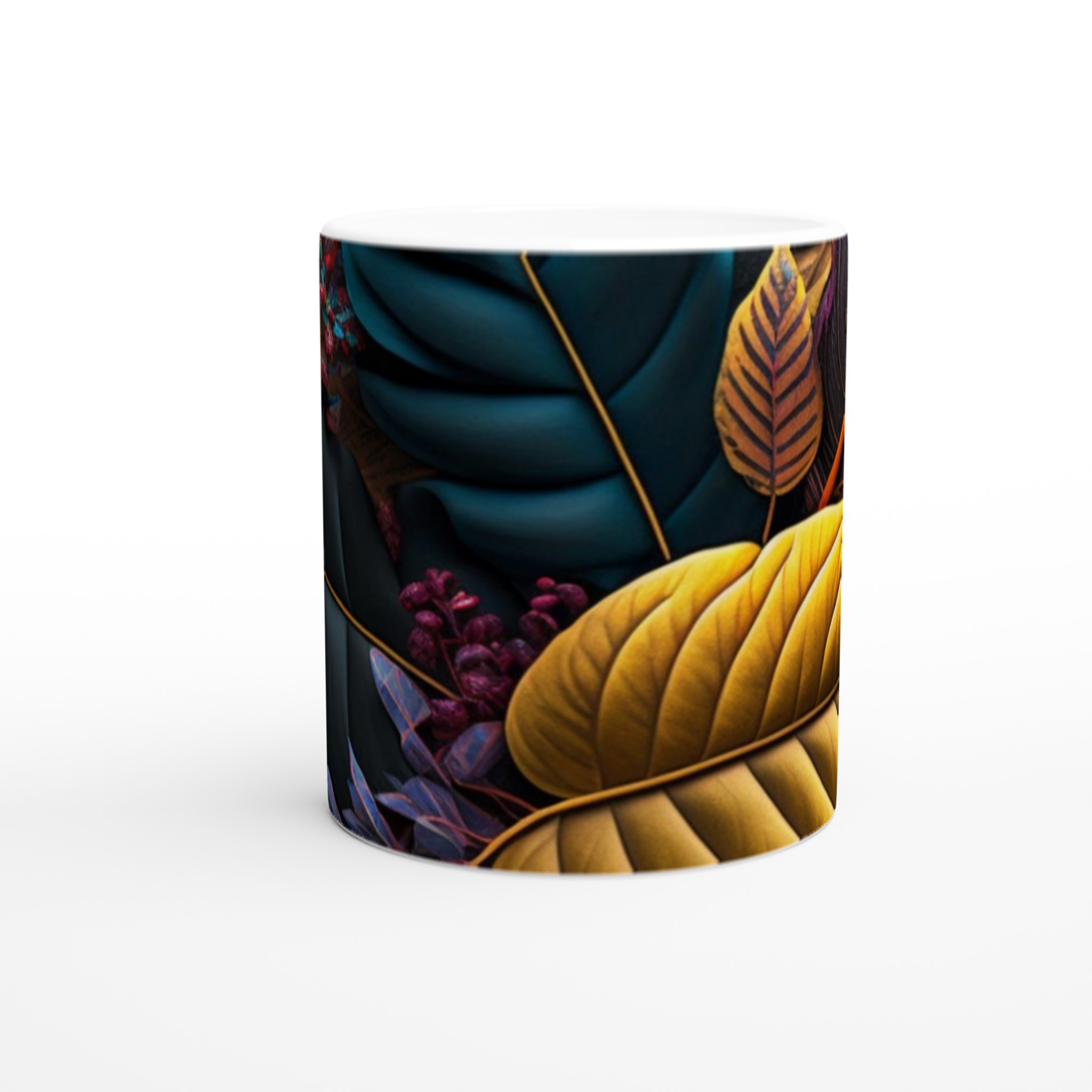 Vit 11oz keramisk mugg med konstnärligt bladmotiv i eleganta färger 8 b42d43de-6a32-466a-9730-83a022533f22