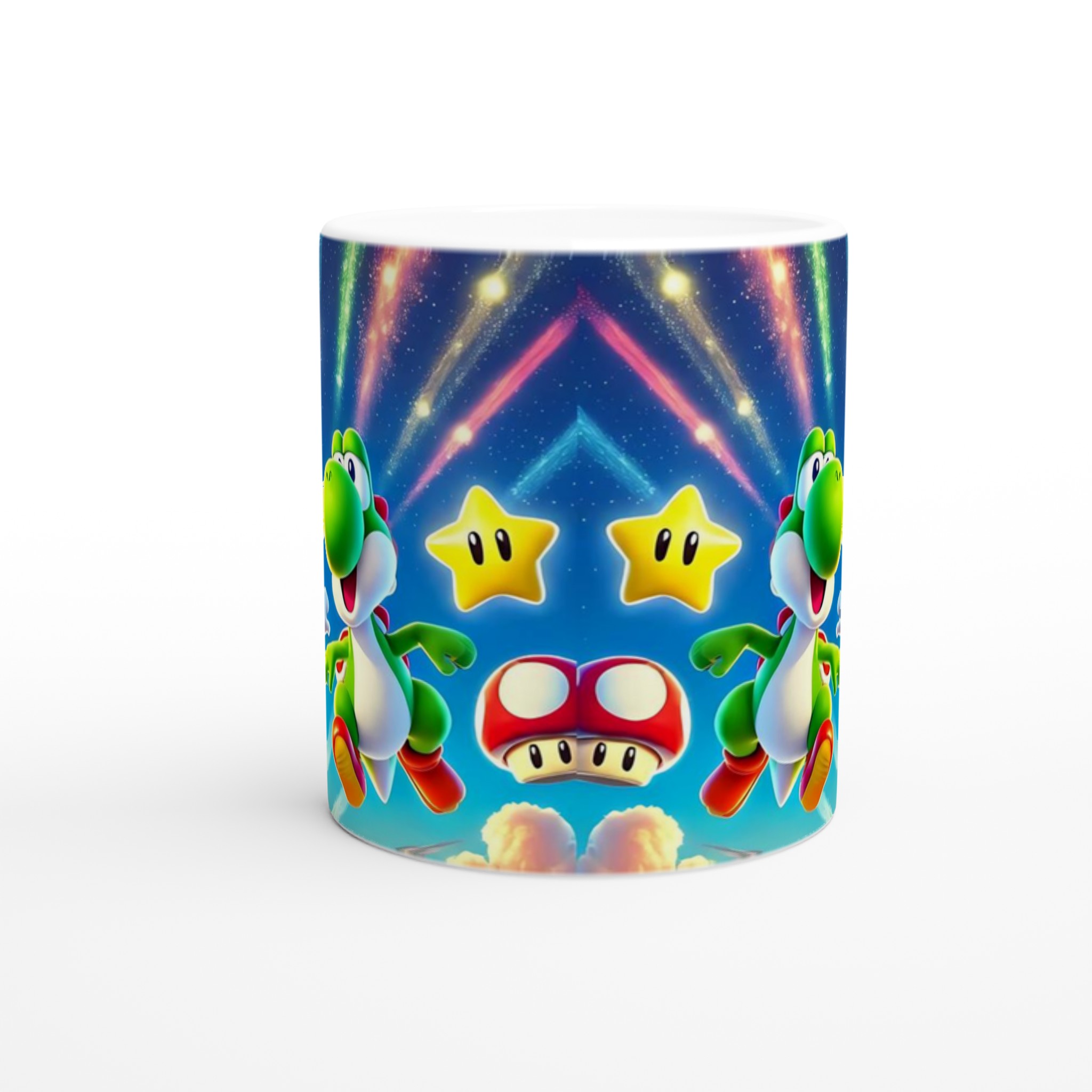 Vit 11oz keramisk mugg med färgstarka spelkaraktärer och magiska stjärnor – välj din keramiska färg 8 b487e1b6-e215-4559-a3ce-ec8130644615