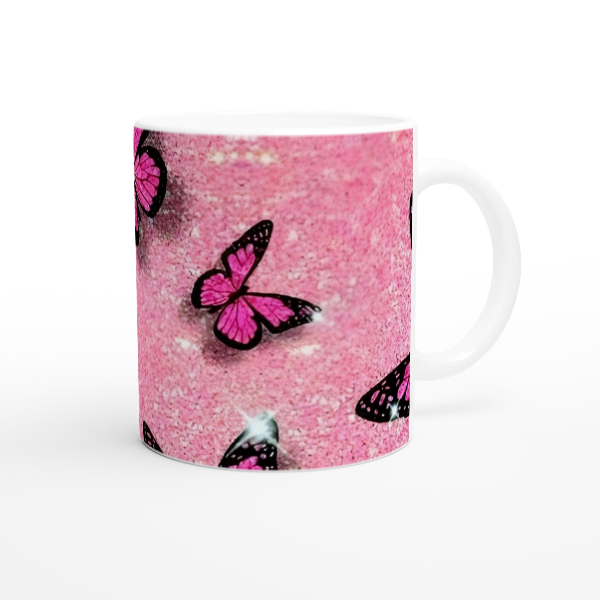 Vit 11oz keramisk mugg med glänsande rosa fjärilsmotiv – välj din favoritfärg 9 b4d22f82-096c-4322-bc8f-6c987b72e56f