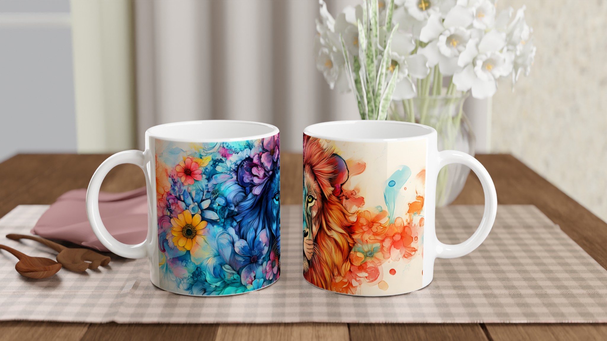 Vit 11oz keramisk mugg med levande lejon och blomsterdesign i flera färger 10 b4d51b0b-edd8-4ee0-9e12-709d8fa740f8
