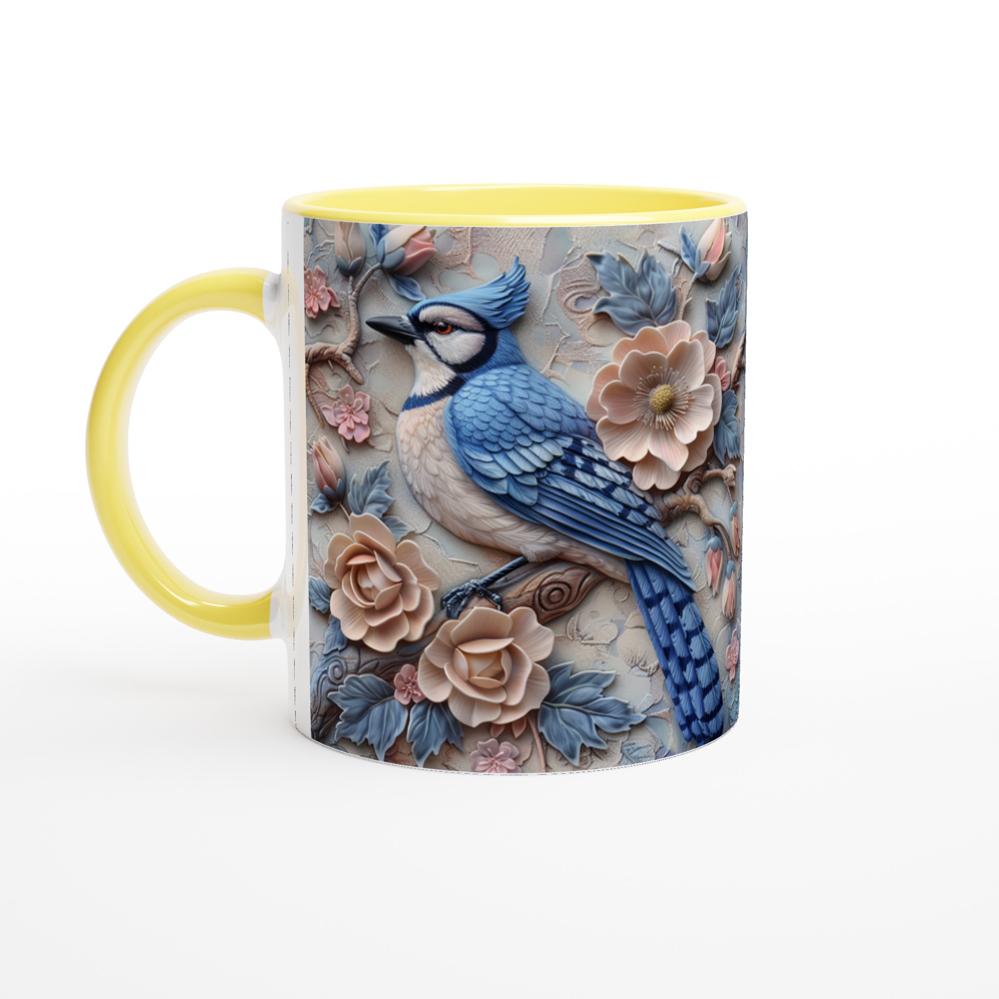 Vit 11oz keramisk mugg med elegant blåskrikfågel och blomsterdesign i mjuka pasteller 3 b4e865ee-11ad-4992-a448-ba9c3dc46d51