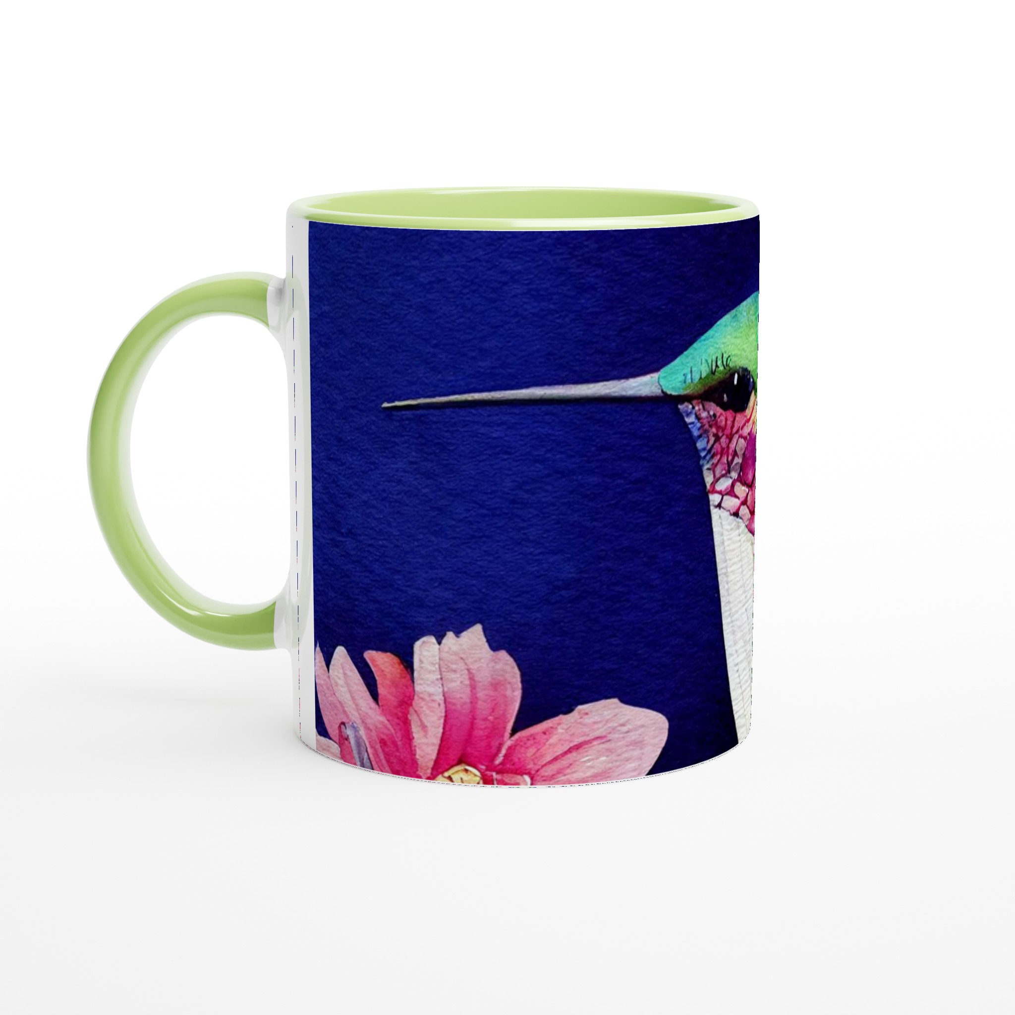 Vit 11oz keramisk mugg med färgstarkt kolibri- och blomtryck i ditt val av sju unika keramfärger 7 b609f731-9241-47e4-8371-c6e07a3ed1f5