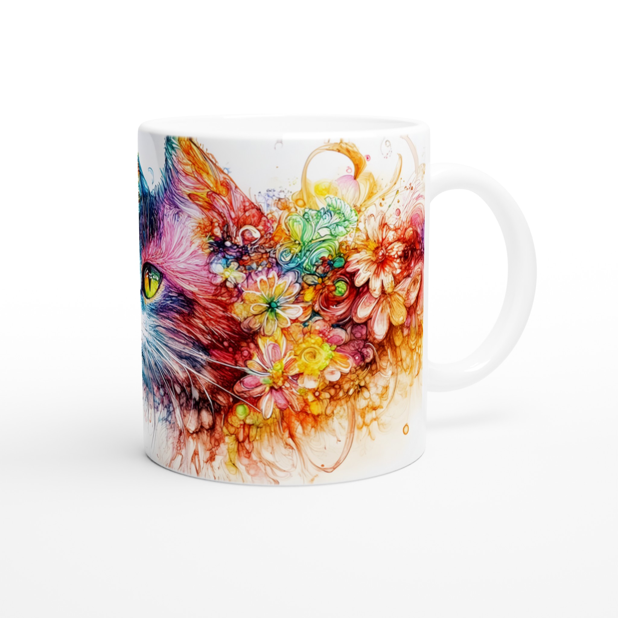 Färgsprakande Katt & Blommor Keramikmugg – Konstnärlig Design i Välj din Färg, 11oz 9 b61b3840-12d1-478f-944e-629b9ac23273