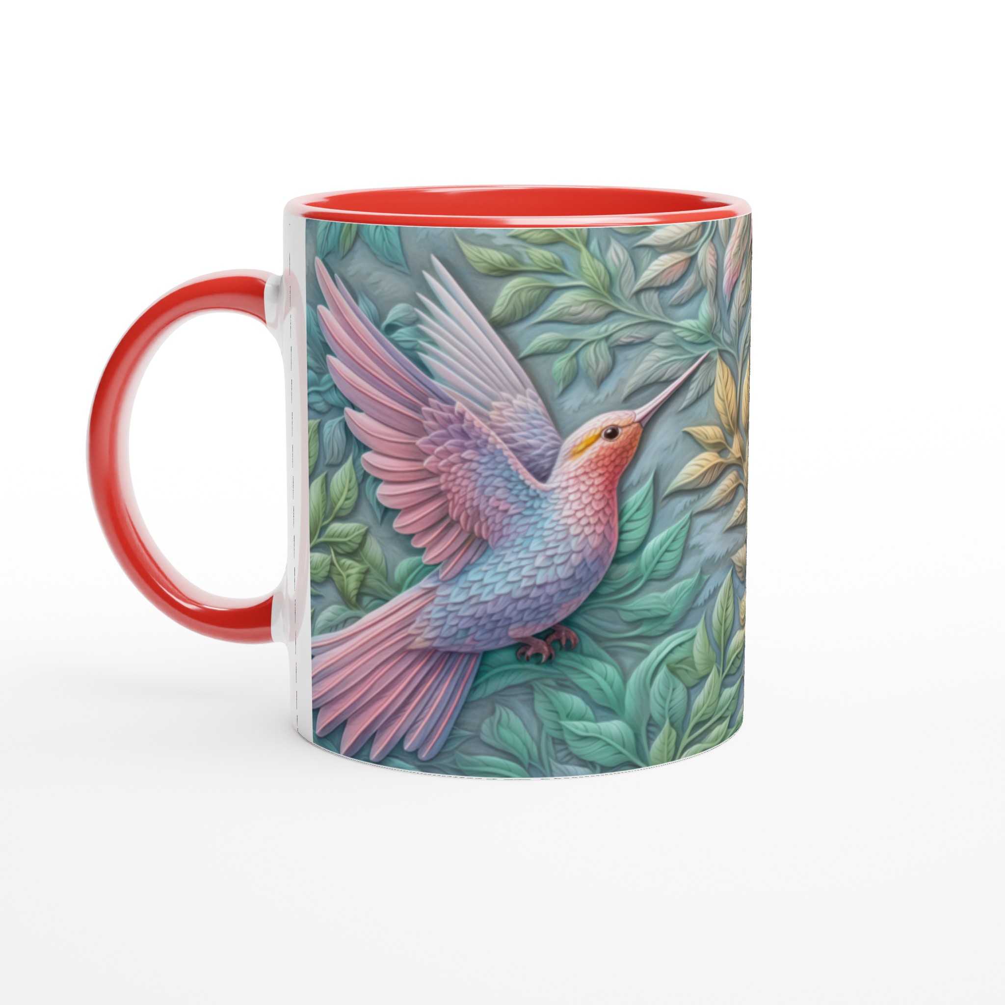 Vit 11oz keramisk mugg med drömskt kolibri- och lövmotiv i mjuka pasteller 5 b69f9f14-bff1-4601-bbaa-e667e9639866