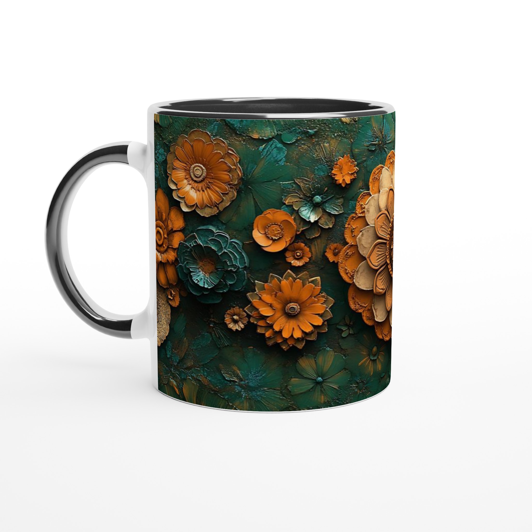 Mönstrad 11oz Keramisk Mugg - Blommönster i Bränd Orange och Teal 4 b76abfbf-5bc9-44a8-9fff-364c7b5f0ae1