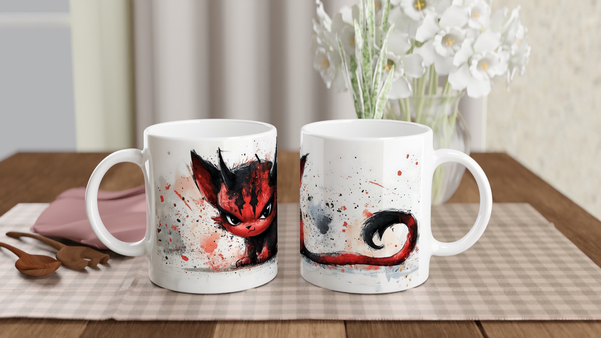 Red Devil Kitten Mugg - Unikt Svart & Rött Akvarelltryck i 11oz Keramik 10 b7878d64-5a90-4491-bba3-7a8ebb1f1ecf