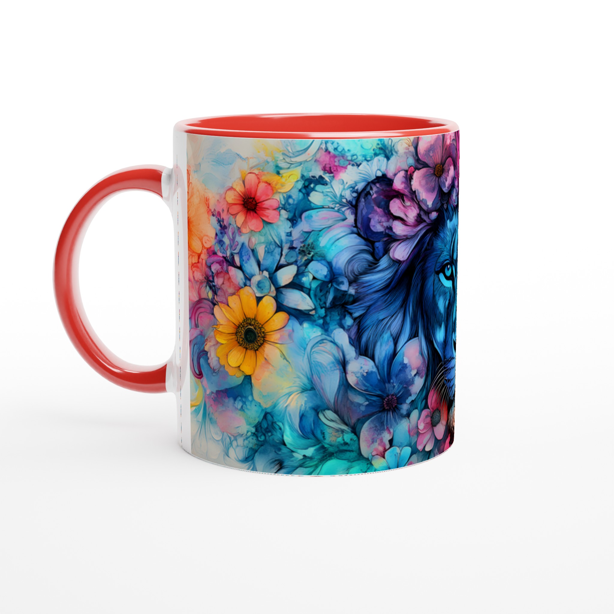 Vit 11oz keramisk mugg med levande lejon och blomsterdesign i flera färger 5 b8114048-6055-4df9-91f0-4a1ca62e811e