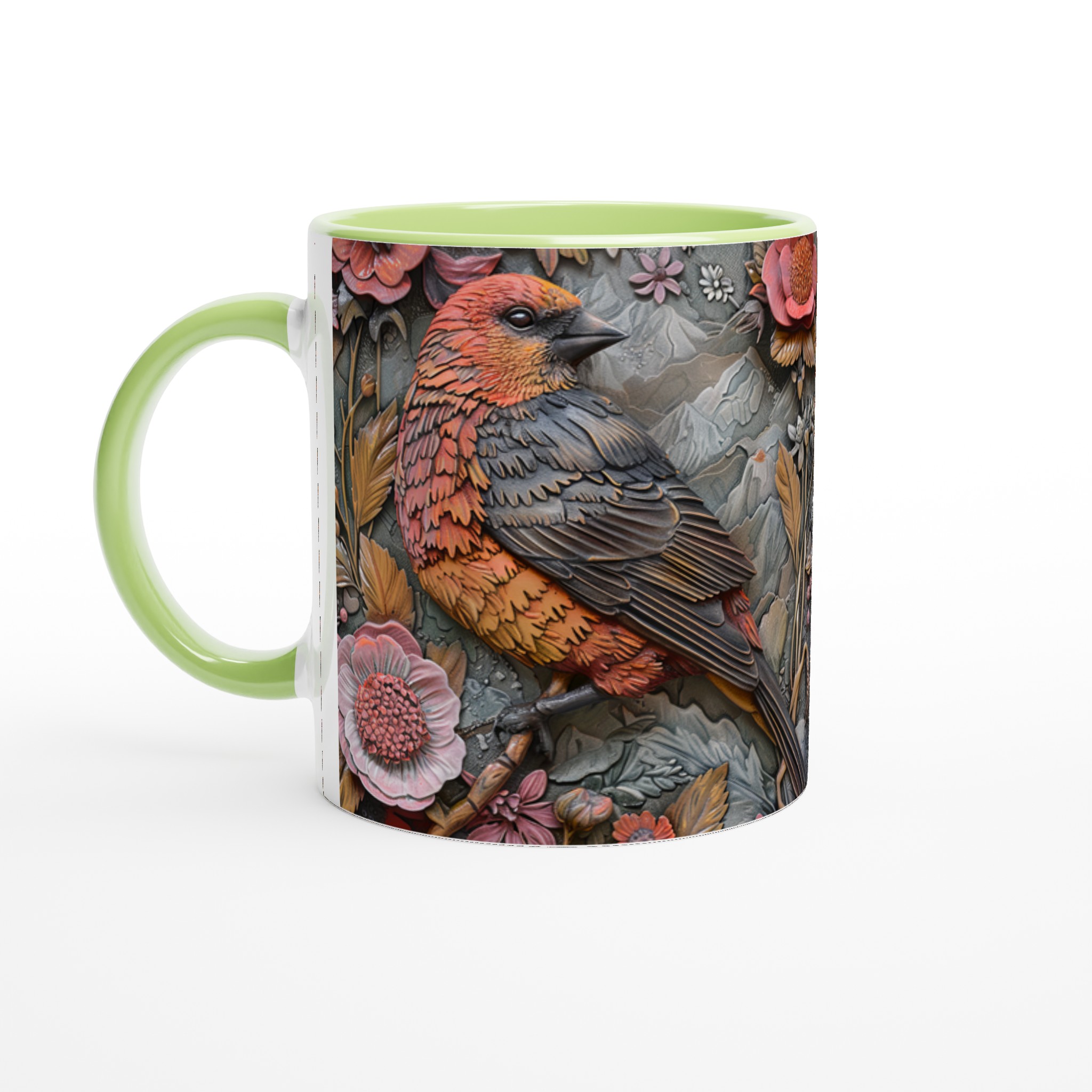 Vit 11oz keramisk mugg med elegant fågel- och blommotiv – välj bland sju charmiga färger 7 b8264235-0266-45f6-95ea-3710d5e81637
