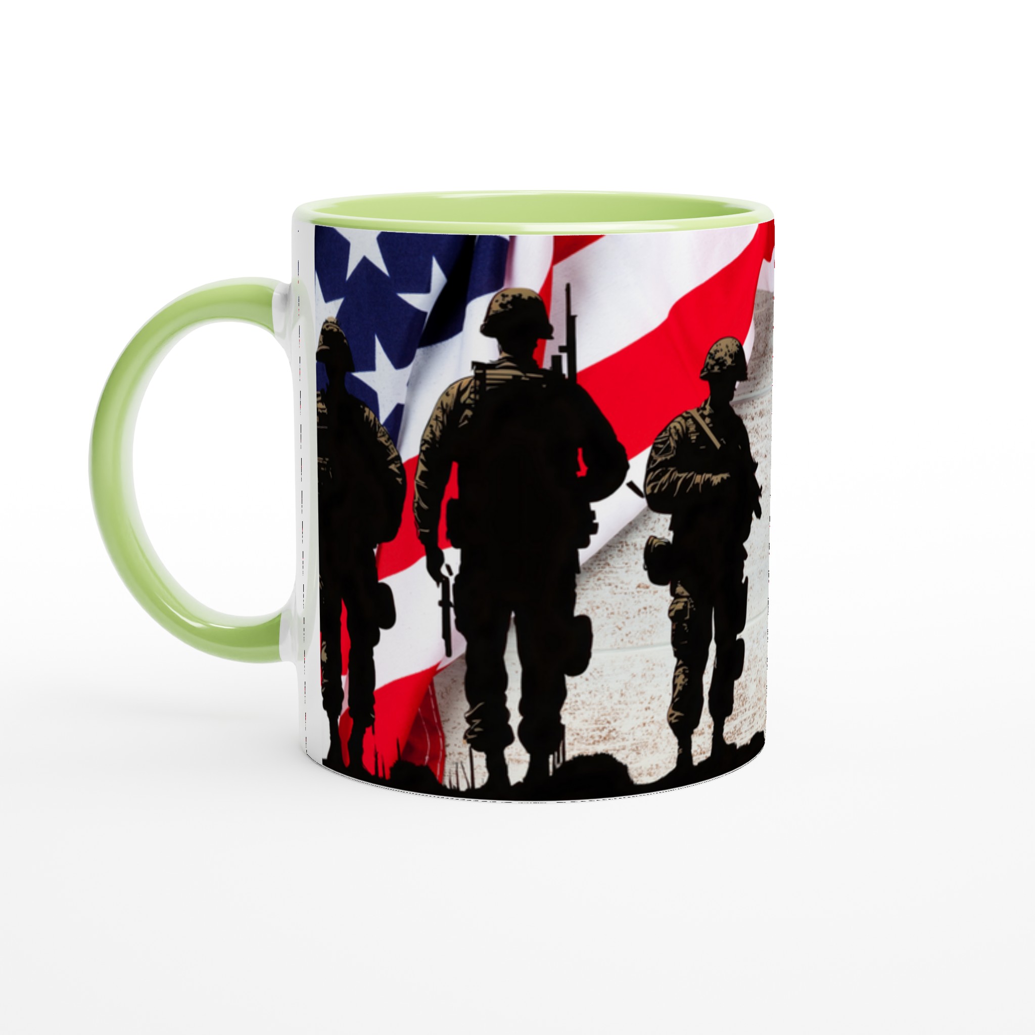 Vit 11oz keramisk mugg med patriotiskt soldatmotiv – välj bland sju färgstarka keramiska nyanser 7 b830f8bb-9748-4519-b866-23cb5d4492dd