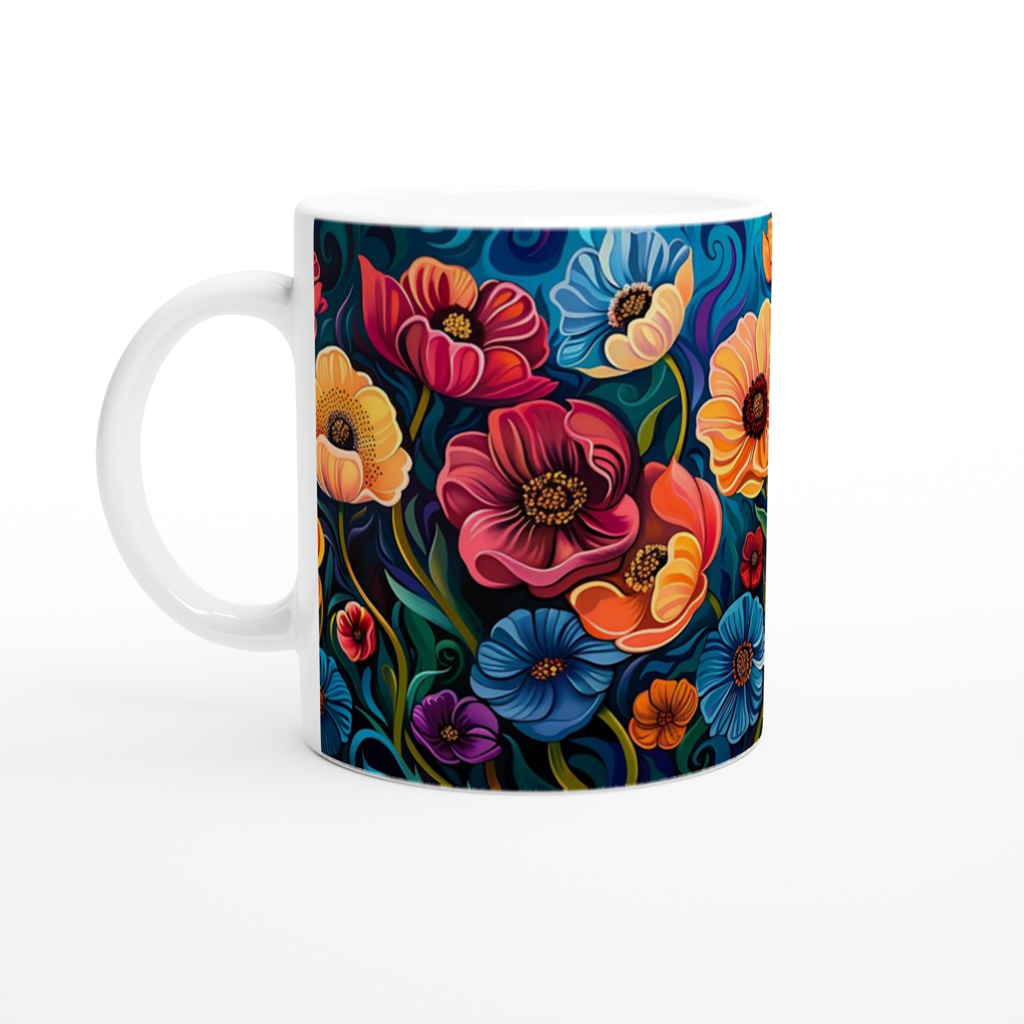 Abstrakt Blomster Keramikmugg – Konstnärlig Kaffemugg med Färgstarka Blommor och Virvlar i Ditt Val av Färg 1 b9333383-b5a1-4857-9299-a14998d9dfc1