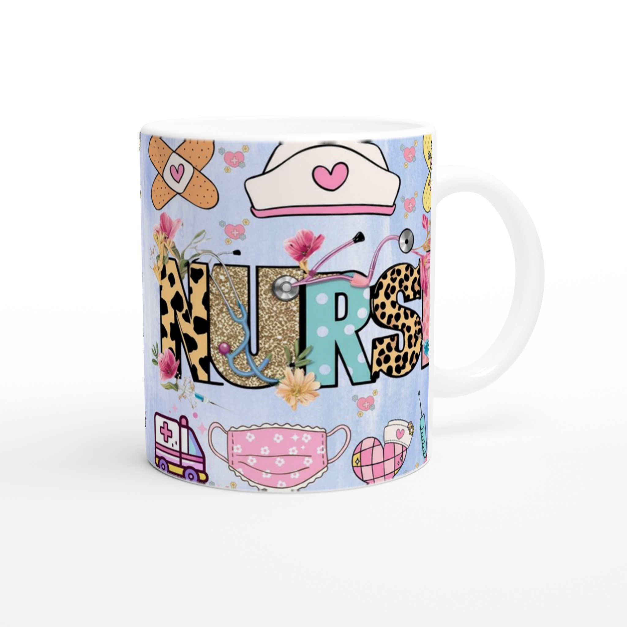 Vit 11oz keramisk mugg med färgstark Nurse-design i lekfulla mönster och nyanser 9 b956fd19-098e-4cef-8b22-d3d2509c5afa