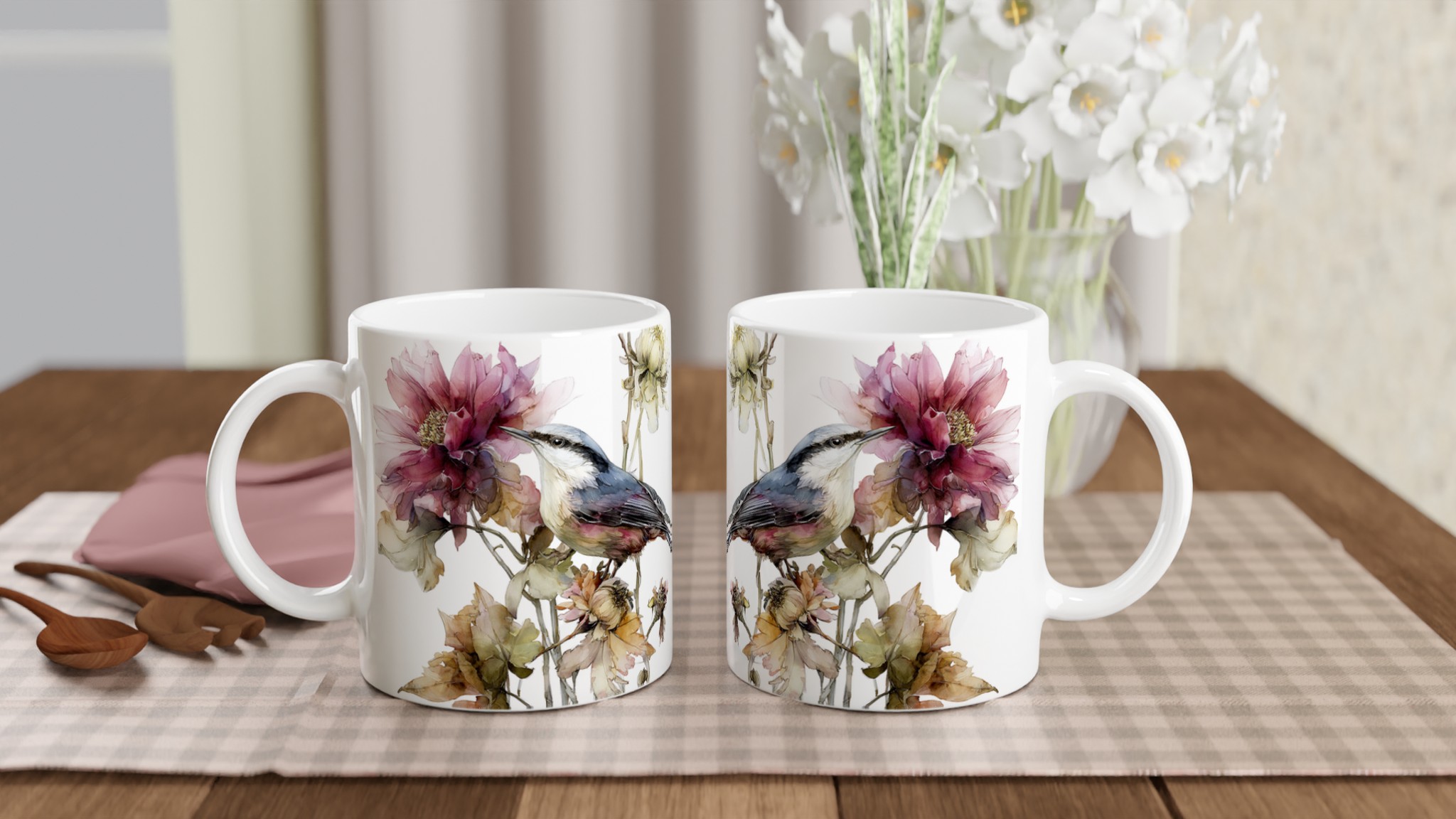 Vit 11oz keramikmugg med elegant fågel- och blomsterdesign – välj bland sju färgstarka nyanser 10 bab8b48c-0b73-4381-8294-33bb208dd6b3
