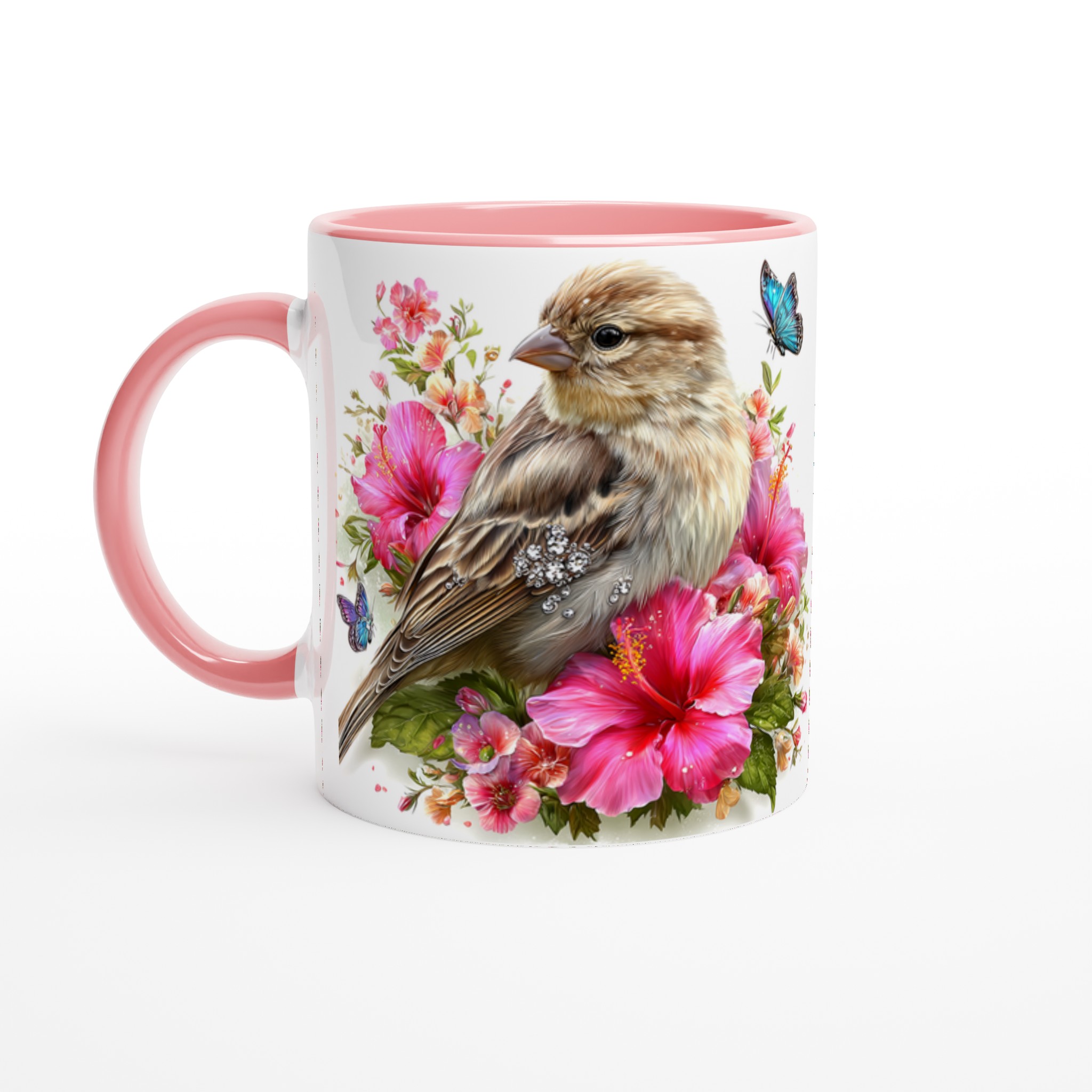 Vit 11oz keramisk mugg med naturinspirerat fågel- och blomstertryck i livfulla färger 6 bb34a0a2-7ca7-426c-afd5-f72103093a6a