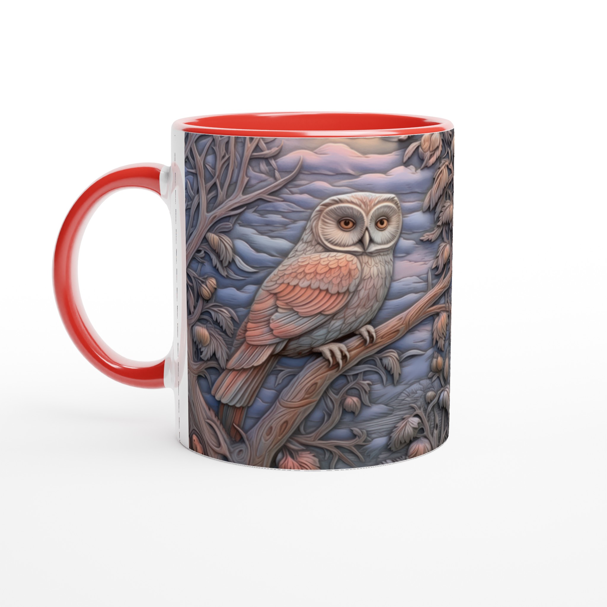 Vit 11oz keramisk mugg med konstnärligt ugglemotiv i mjuka pastelltoner – välj din favoritfärg 5 bbab2904-4620-4f0f-b459-5c89a4de1d30