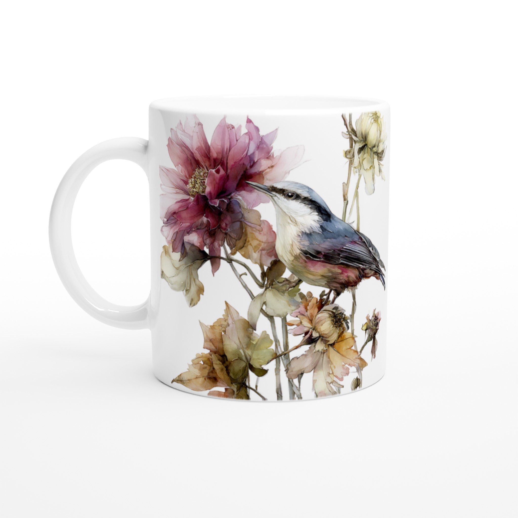 Vit 11oz keramikmugg med elegant fågel- och blomsterdesign – välj bland sju färgstarka nyanser 1 bc267baf-5bb6-470e-bda5-8c4de3afdb36