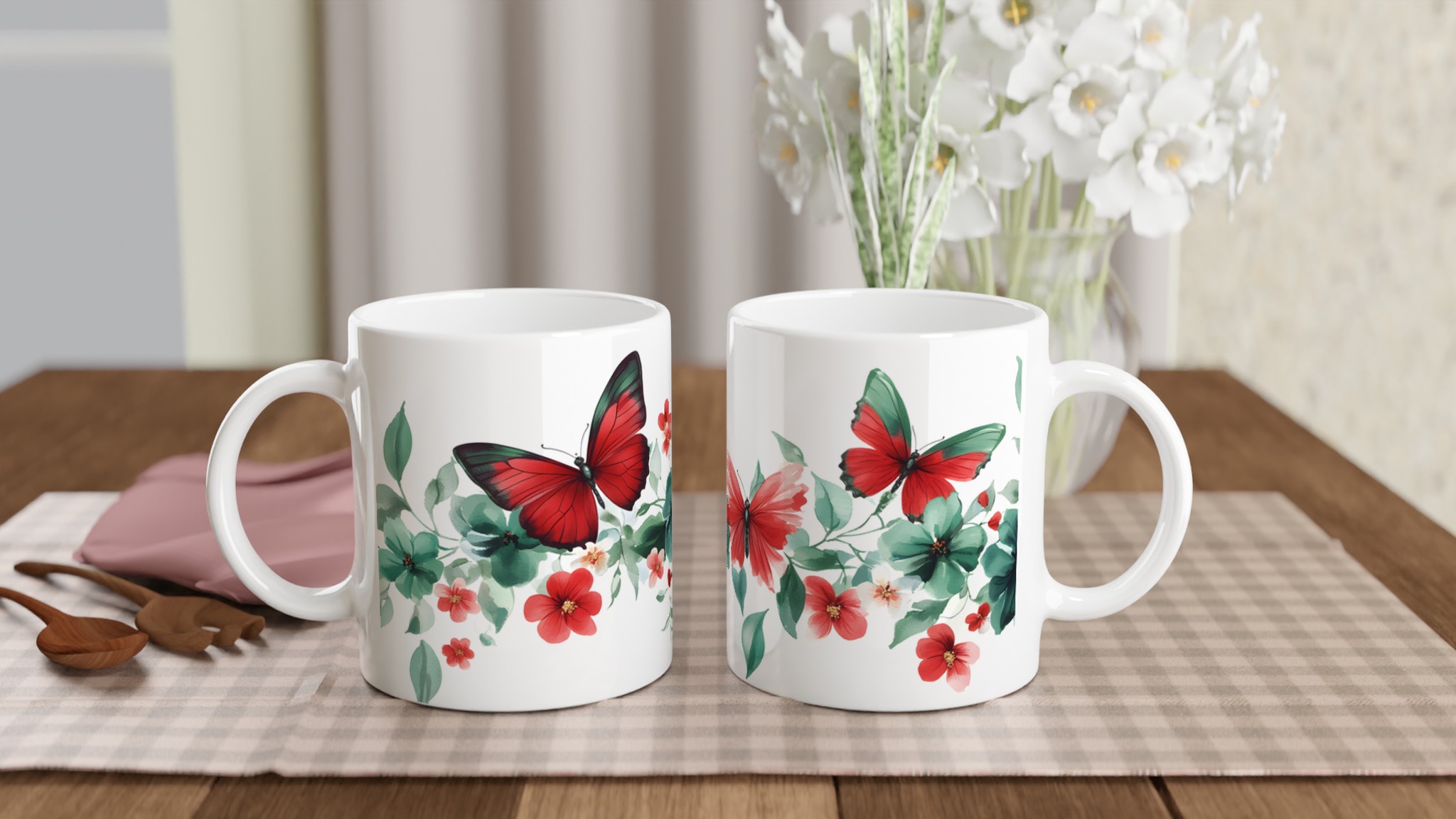 Fjärilsdröm 11oz Keramisk Mugg – Akvarellblommor & Röda Fjärilar i Valfri Färg 10 bc83b3ce-58c3-4d73-b982-079d6b531fd4