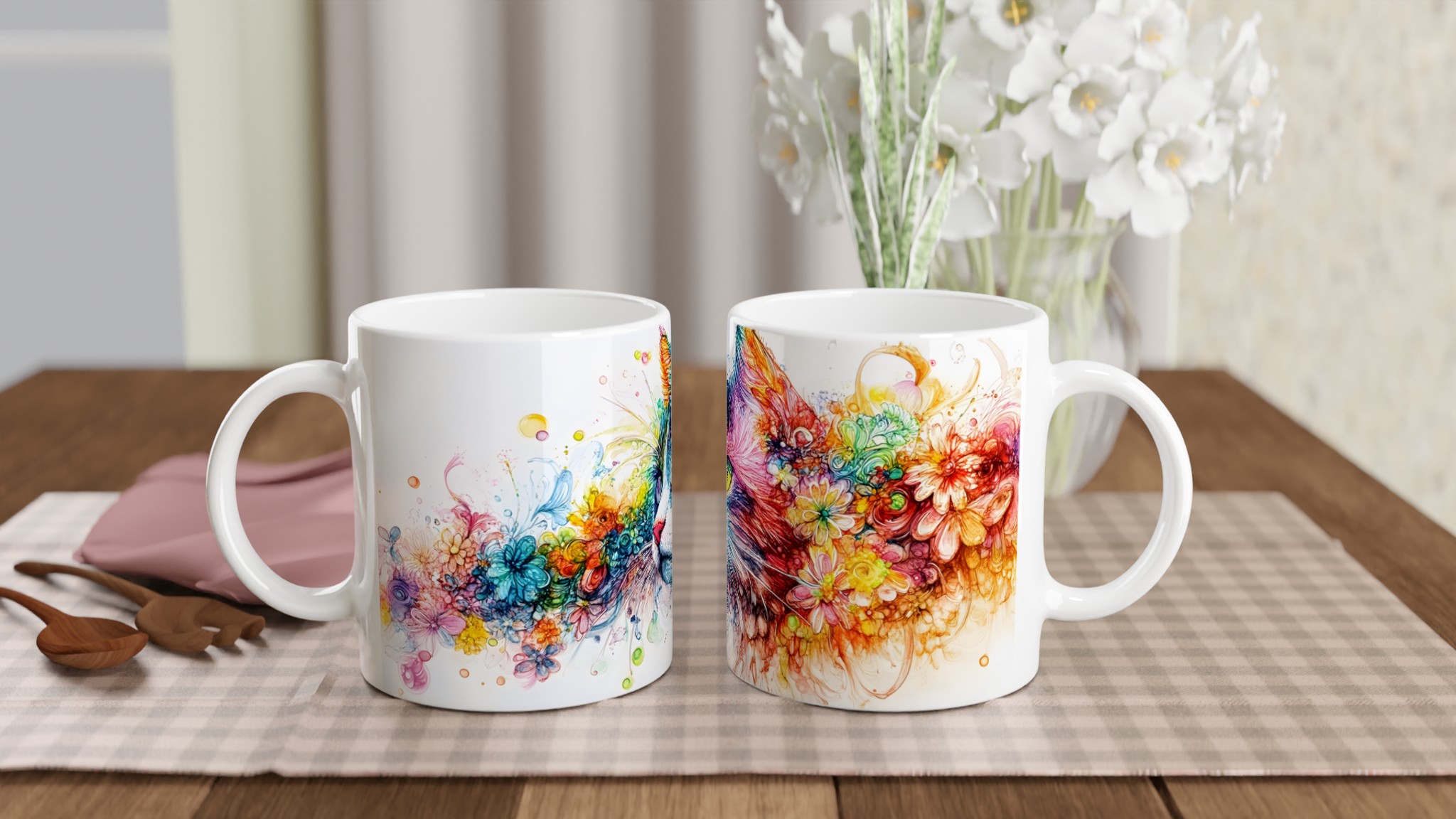 Färgsprakande Katt & Blommor Keramikmugg – Konstnärlig Design i Välj din Färg, 11oz 10 bca22aa8-d961-4739-9c3d-5b8fa5a22311