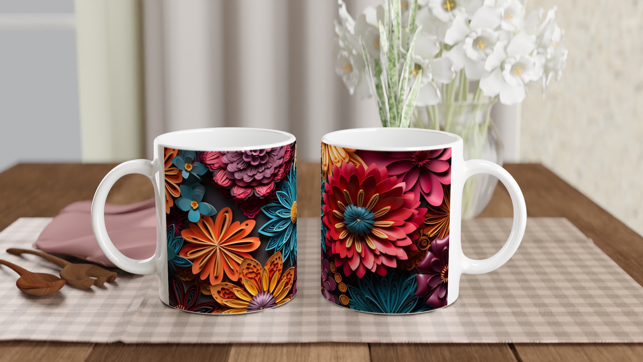 Vit 11oz keramisk mugg med färgsprakande blomsterdesign – välj din favoritfärg 10 bcb4c60d-3d18-4507-9fad-45942b59bf6c