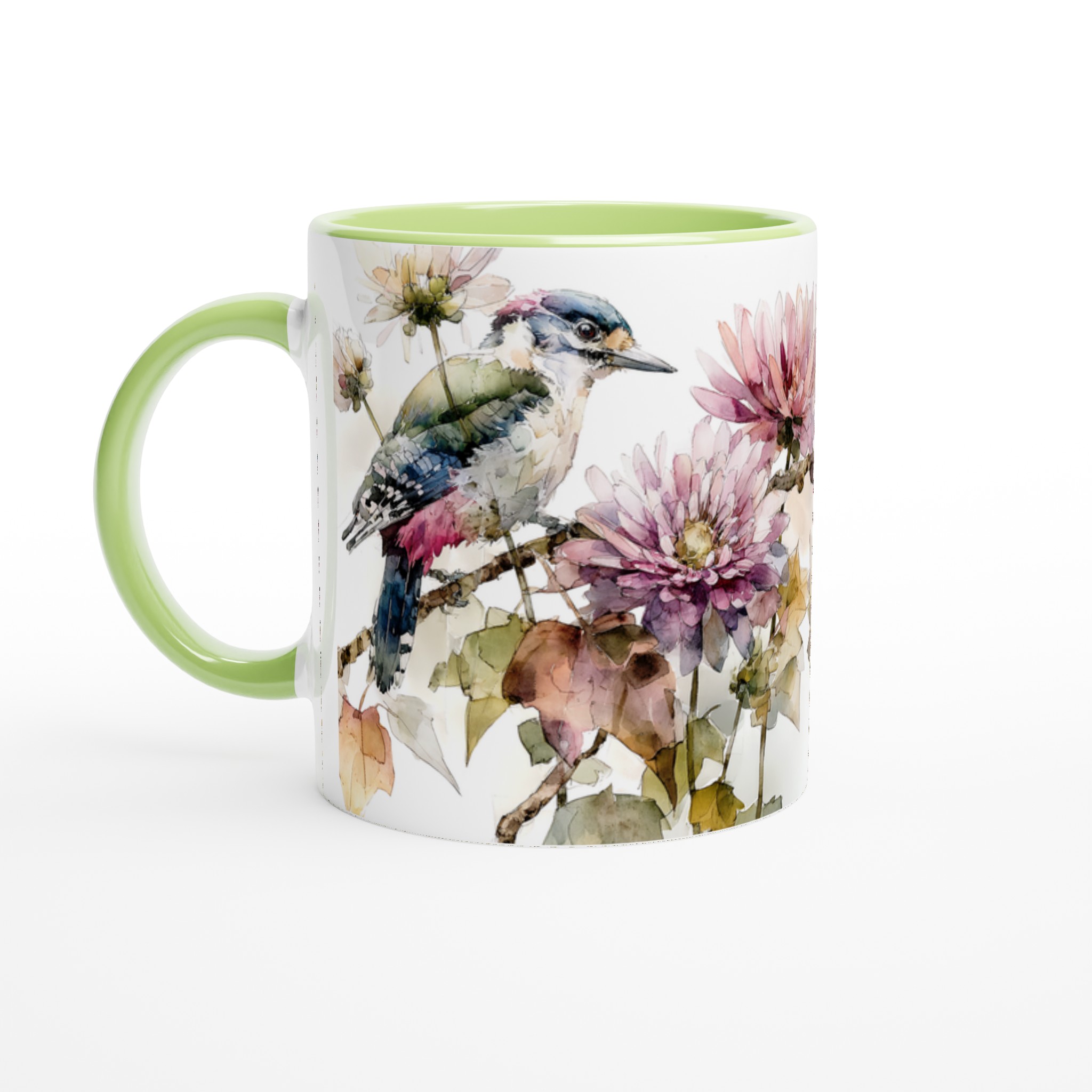 Vit 11oz keramisk mugg med akvarellinspirerat fågel- och blommotiv i flera vackra färger 7 be89b5f8-b273-4d3f-9a5e-ec11072042f6