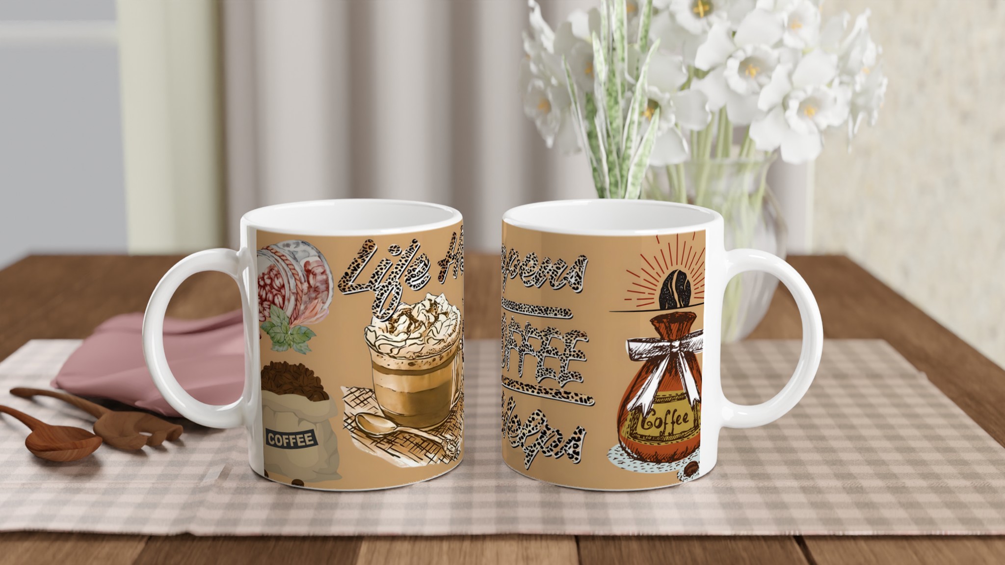 Vit 11oz keramisk mugg med livfullt kaffetema i din favoritfärg 11 bee19346-184d-48d5-a767-89b4c789d6a8