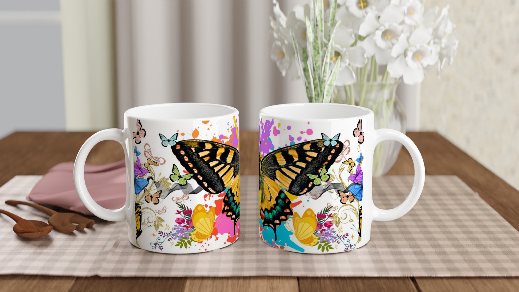 Vit 11oz Keramisk Mugg med Färgsprakande Fjärilsmotiv – Välj Bland Sju Livfulla Färger 11 bfcaa41f-c5ed-4abc-a078-8af518845577