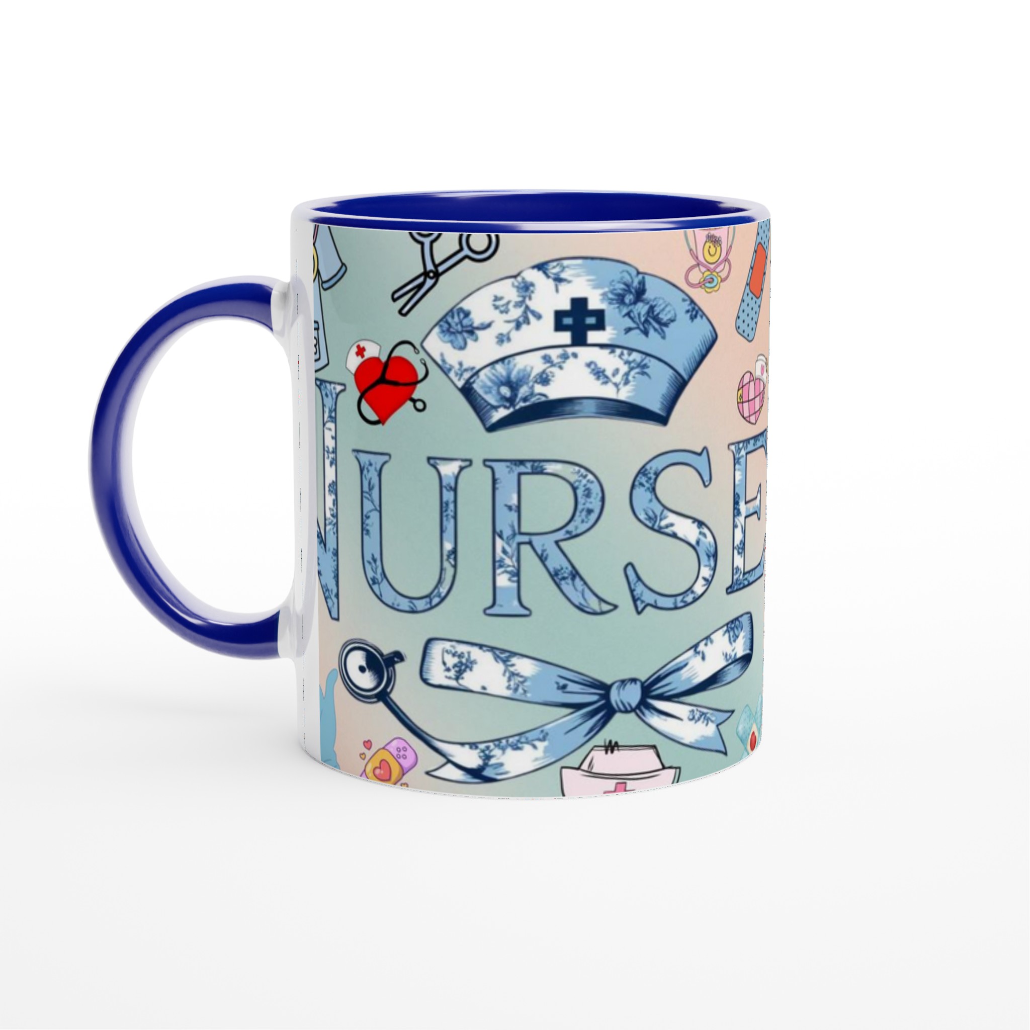 Vit 11oz keramisk mugg med vintage sjuksköterskedetaljer i mjuka blå nyanser 2 bfd42b44-4a0b-471d-a304-2461081dd18a