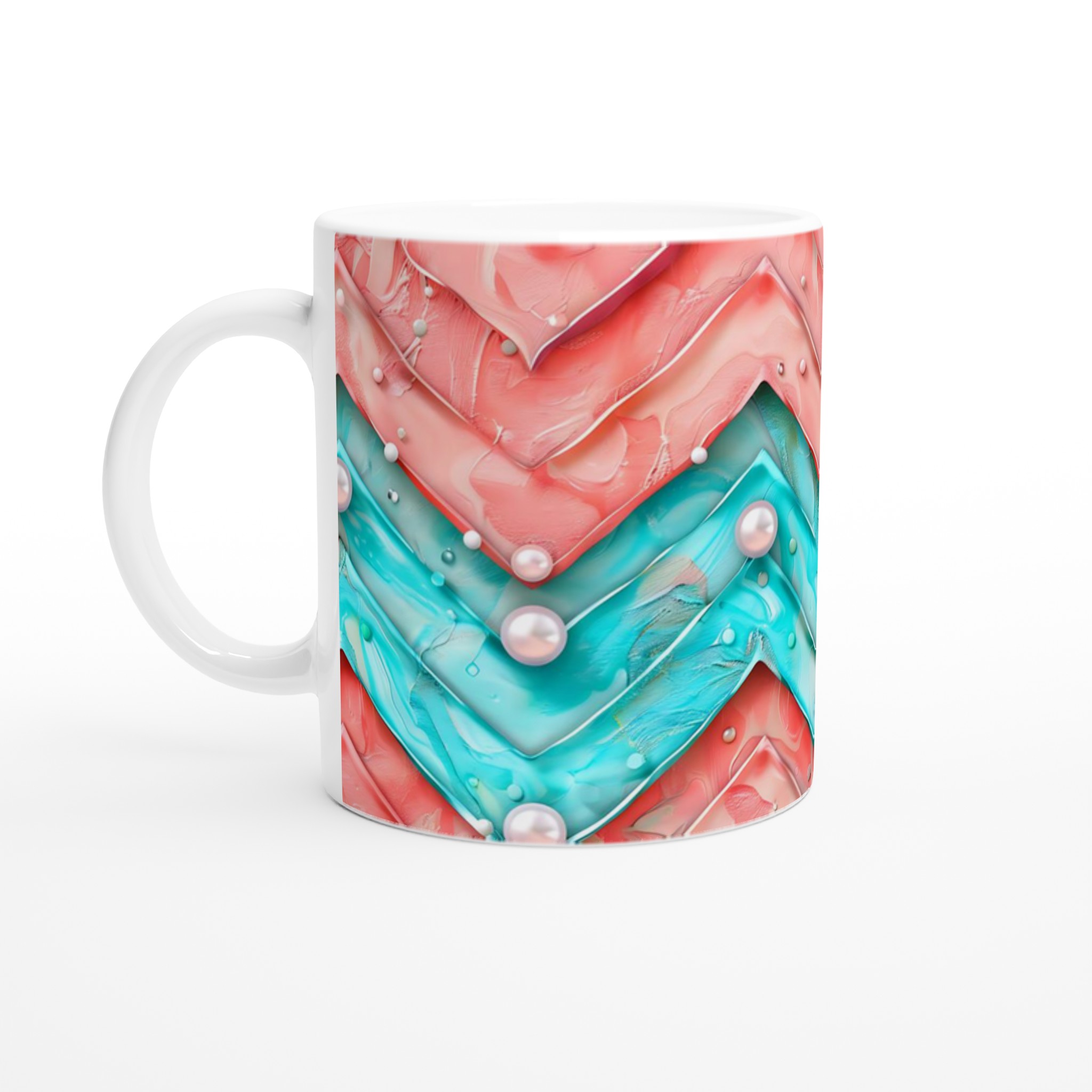 Vit 11oz keramisk mugg med färgstarkt abstrakt mönster i blått och korall 1 c02e3a19-88ef-42ee-8c4a-fbda47b460c2