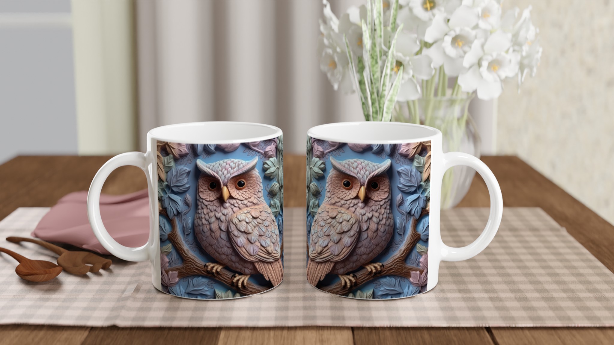 Vit 11oz keramisk mugg med detaljerad uggleskulptur i mjuka jordtoner – välj bland sju färgstarka keramiknyanser 10 c0552cfb-5948-49a1-bcf3-c7d7d570484b