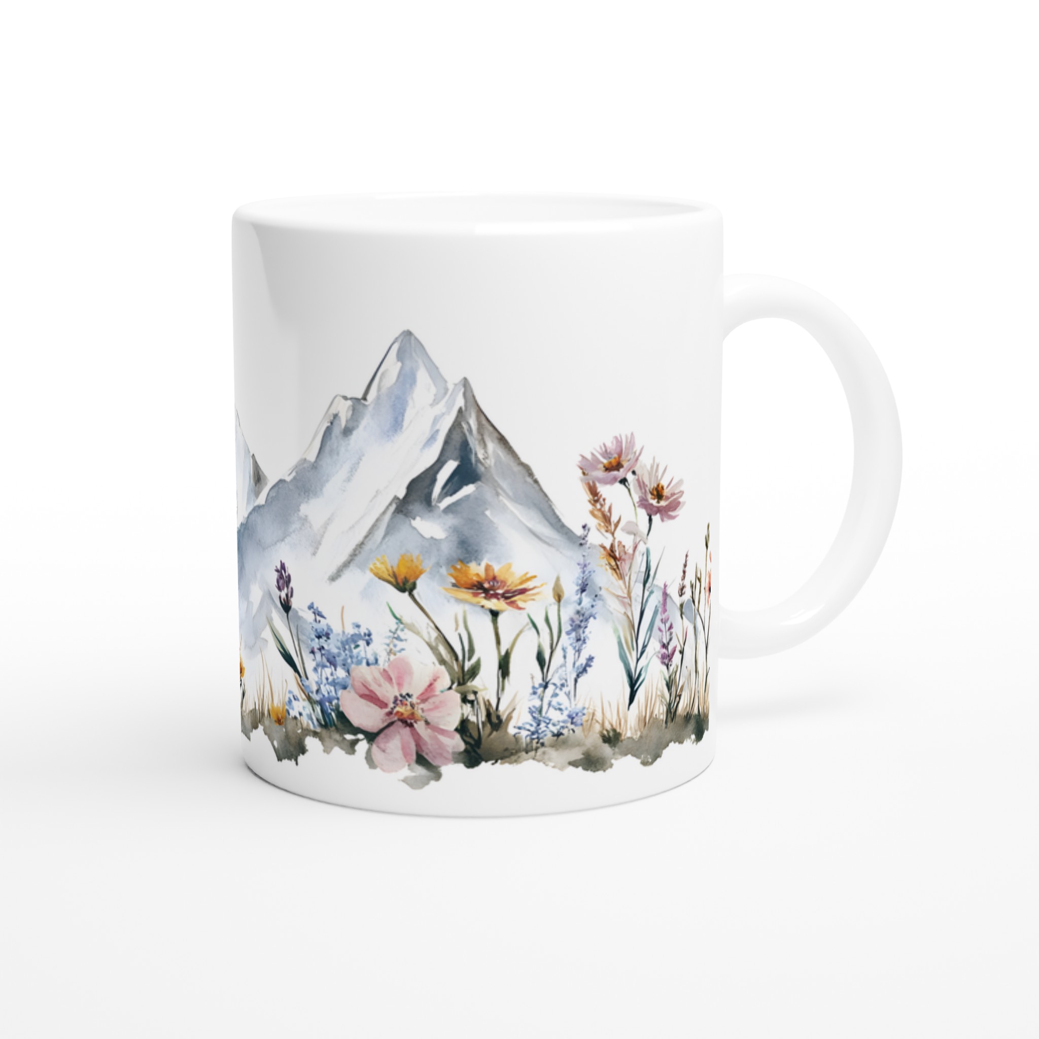 Alpin Blomstermugg: Akvarell Berg & Vilda Blommor – 11oz Keramikmugg i Valfri Färg 9 c076e2df-4d3e-4538-bc55-b00ed1272334