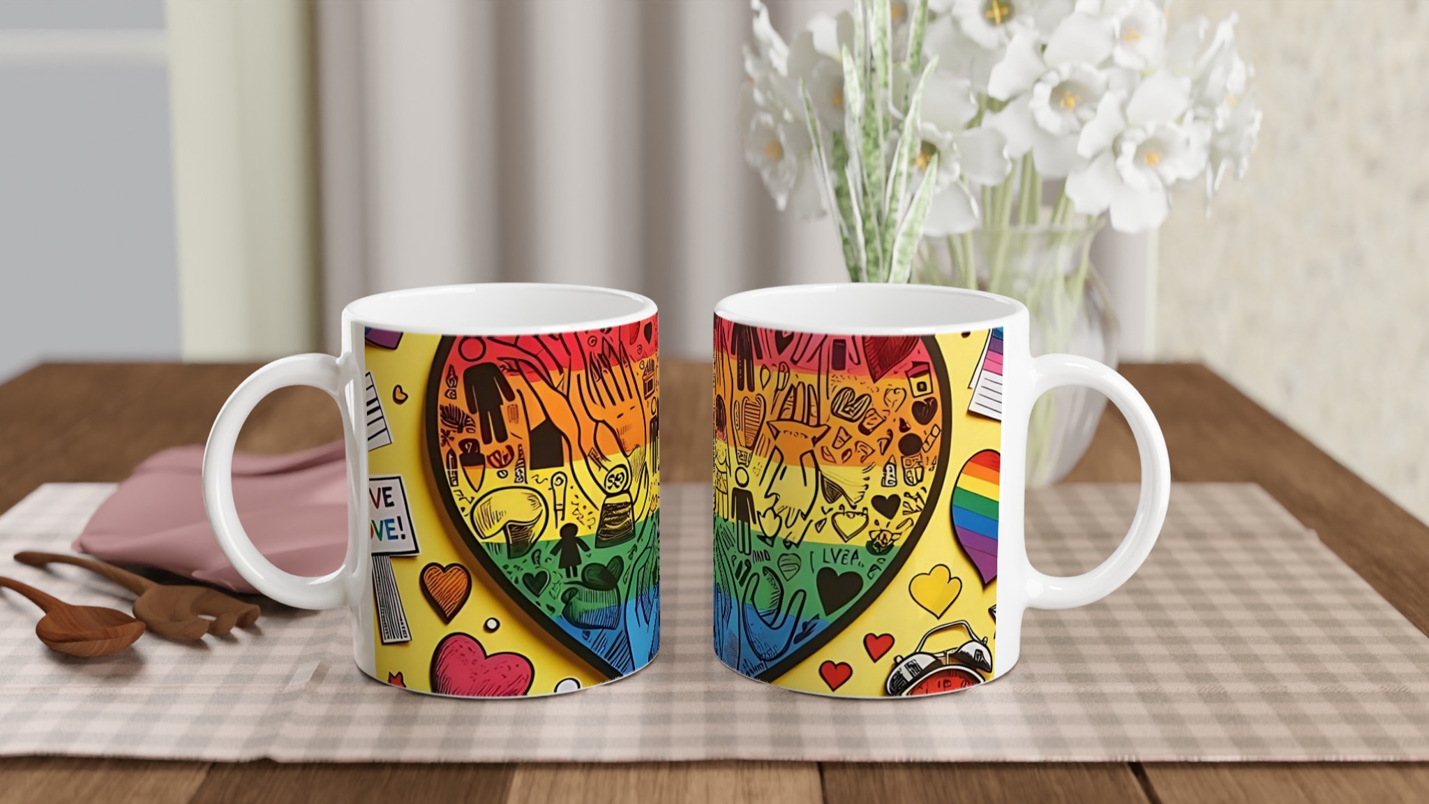 Vit 11oz keramisk mugg med färgglad PRIDE-hjärtdesign – välj bland sju livfulla keramiska färger 10 c17f2b8c-90b2-4938-9cb0-072e64f1477a