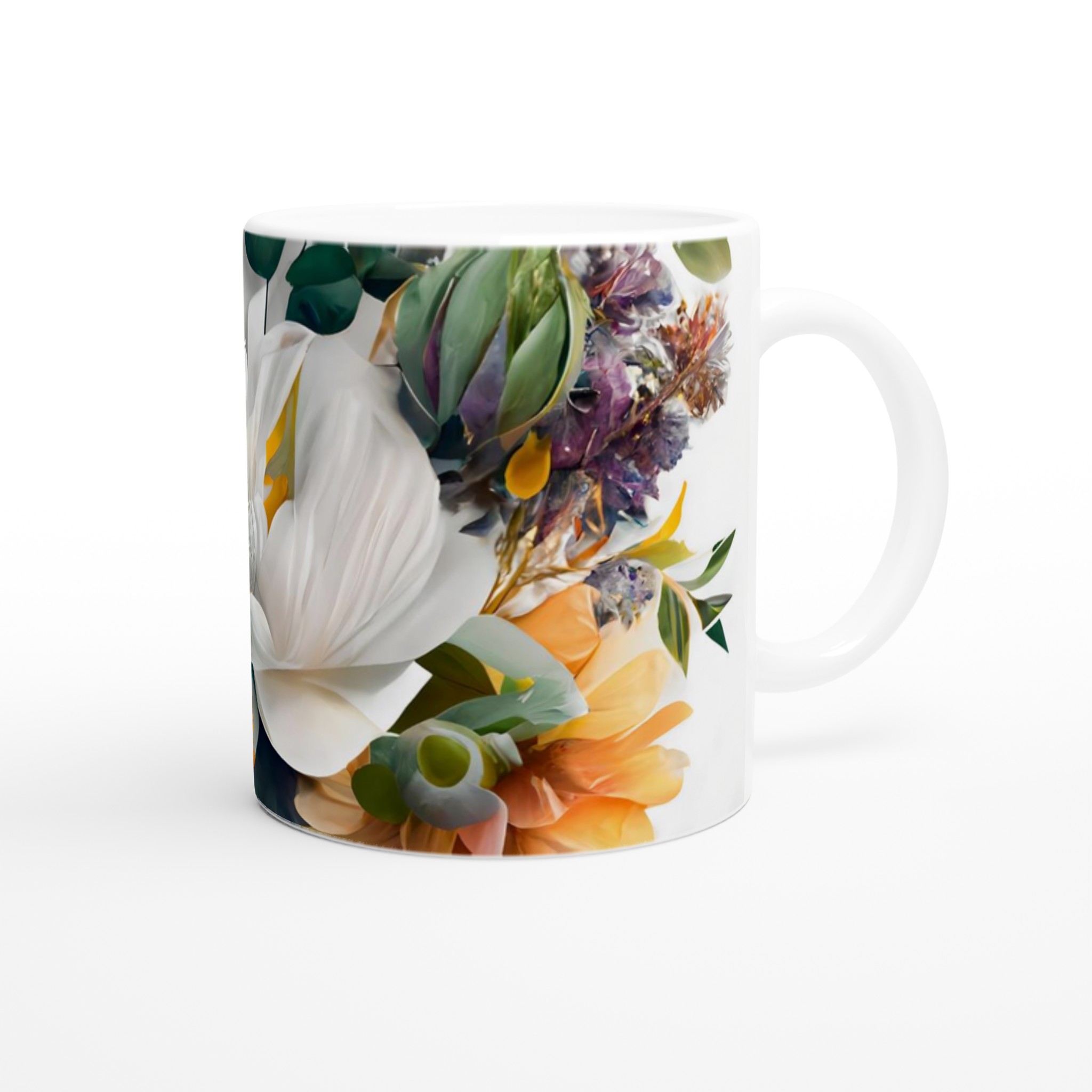 Vit 11oz keramisk mugg med elegant blommönster i sju färgstarka nyanser 9 c1963857-9ae1-4801-a35e-bef3c40873b3